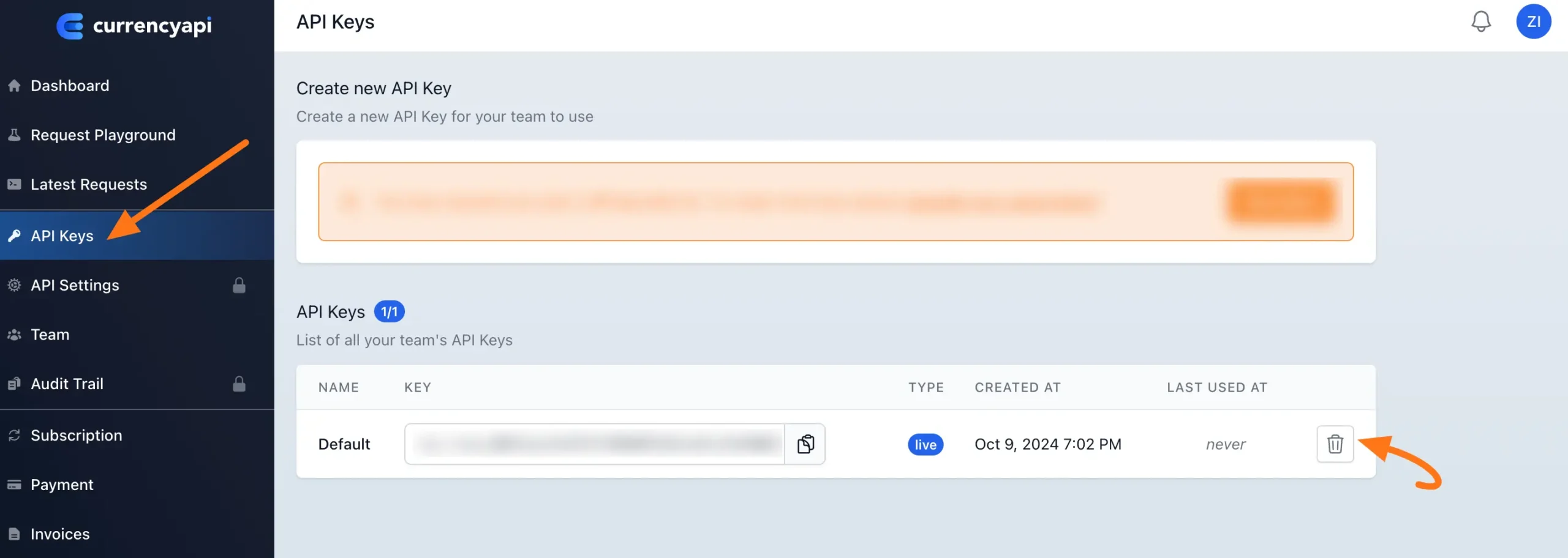 API Keys and delete icon
