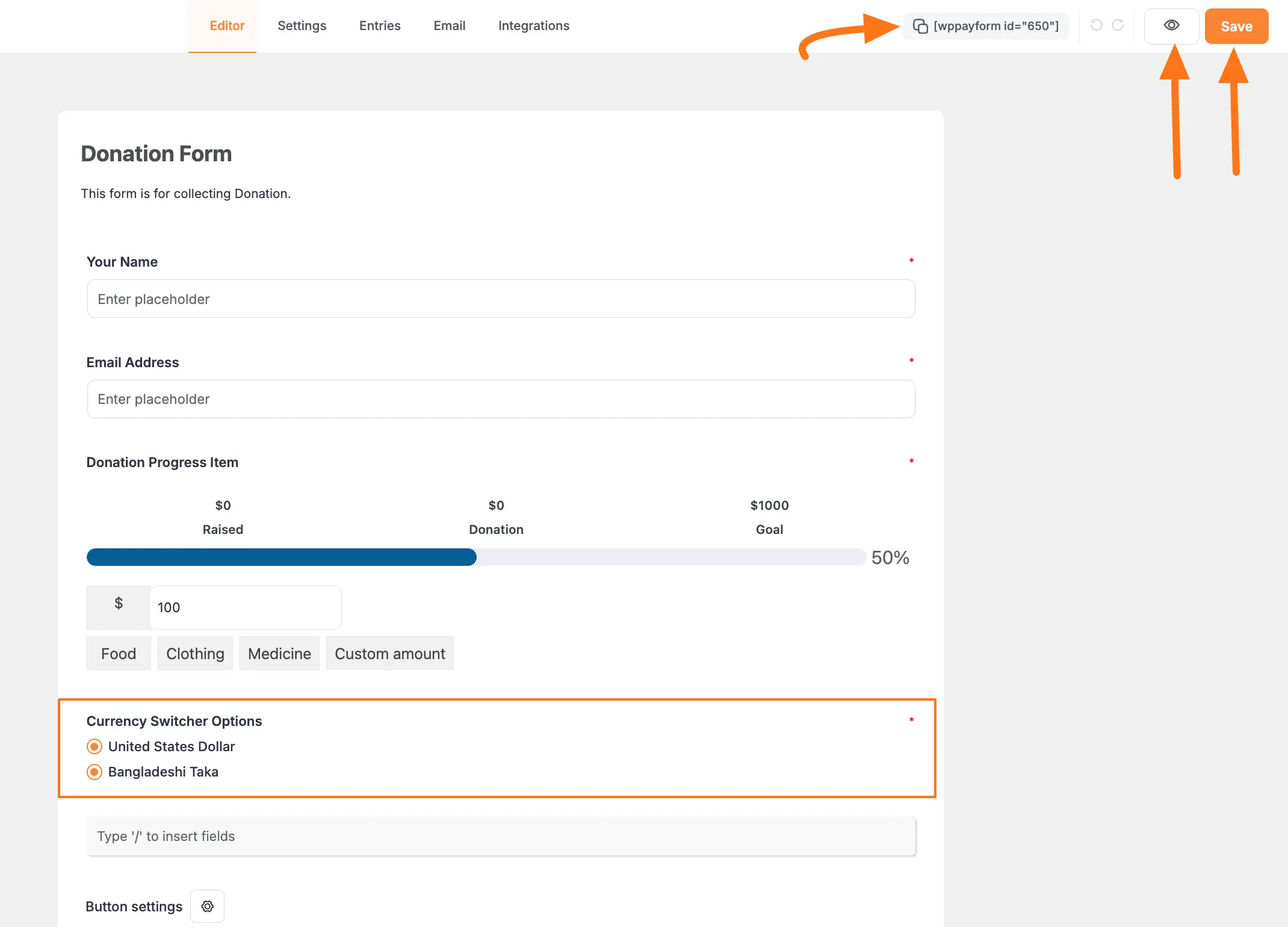 Save, preview and shortcode buttons