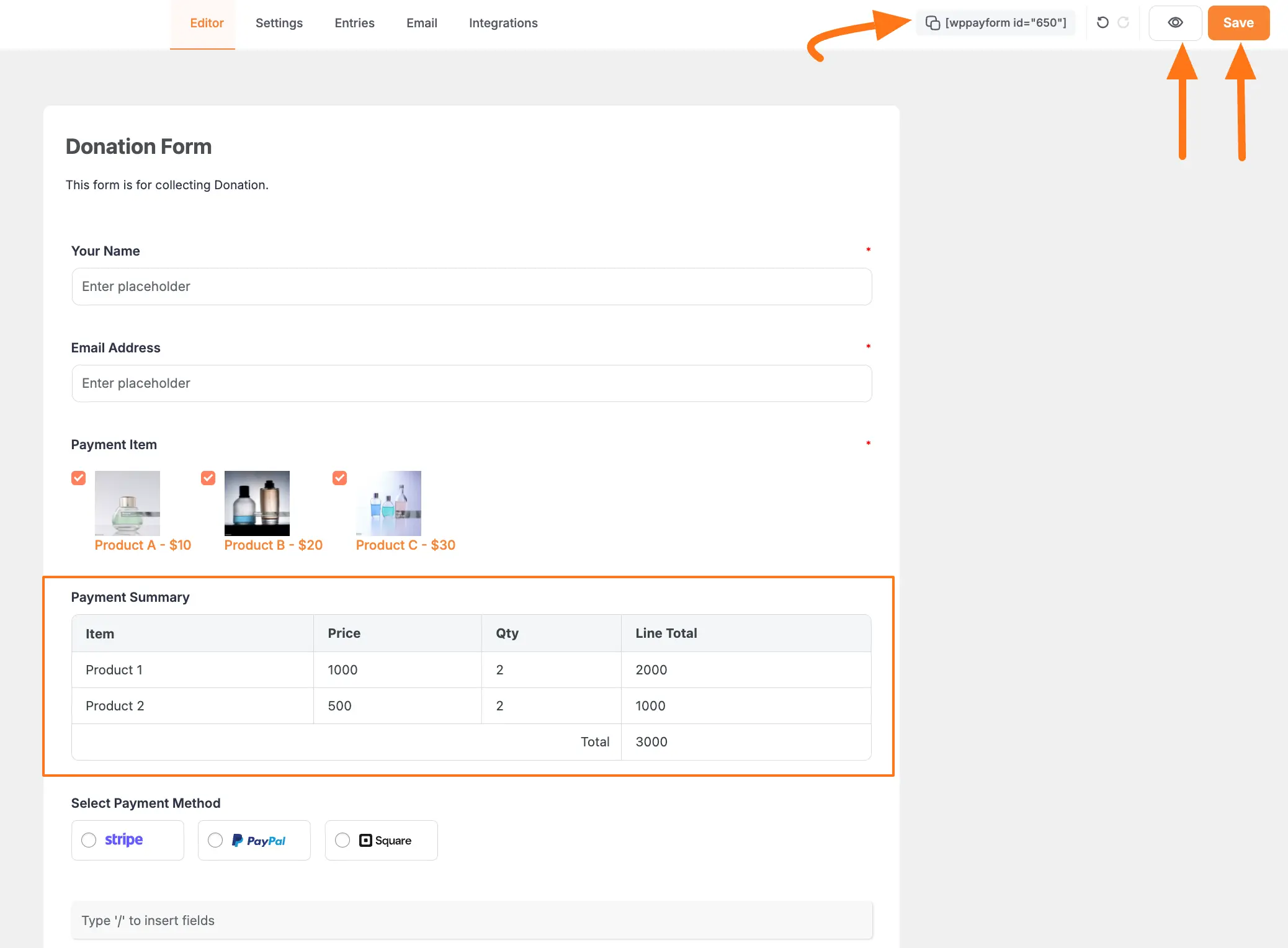 Save, preview and shortcode buttons