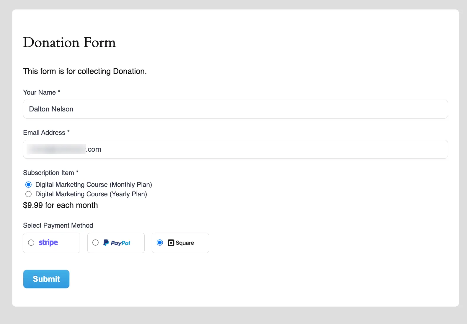 Preview of Subscription Payment