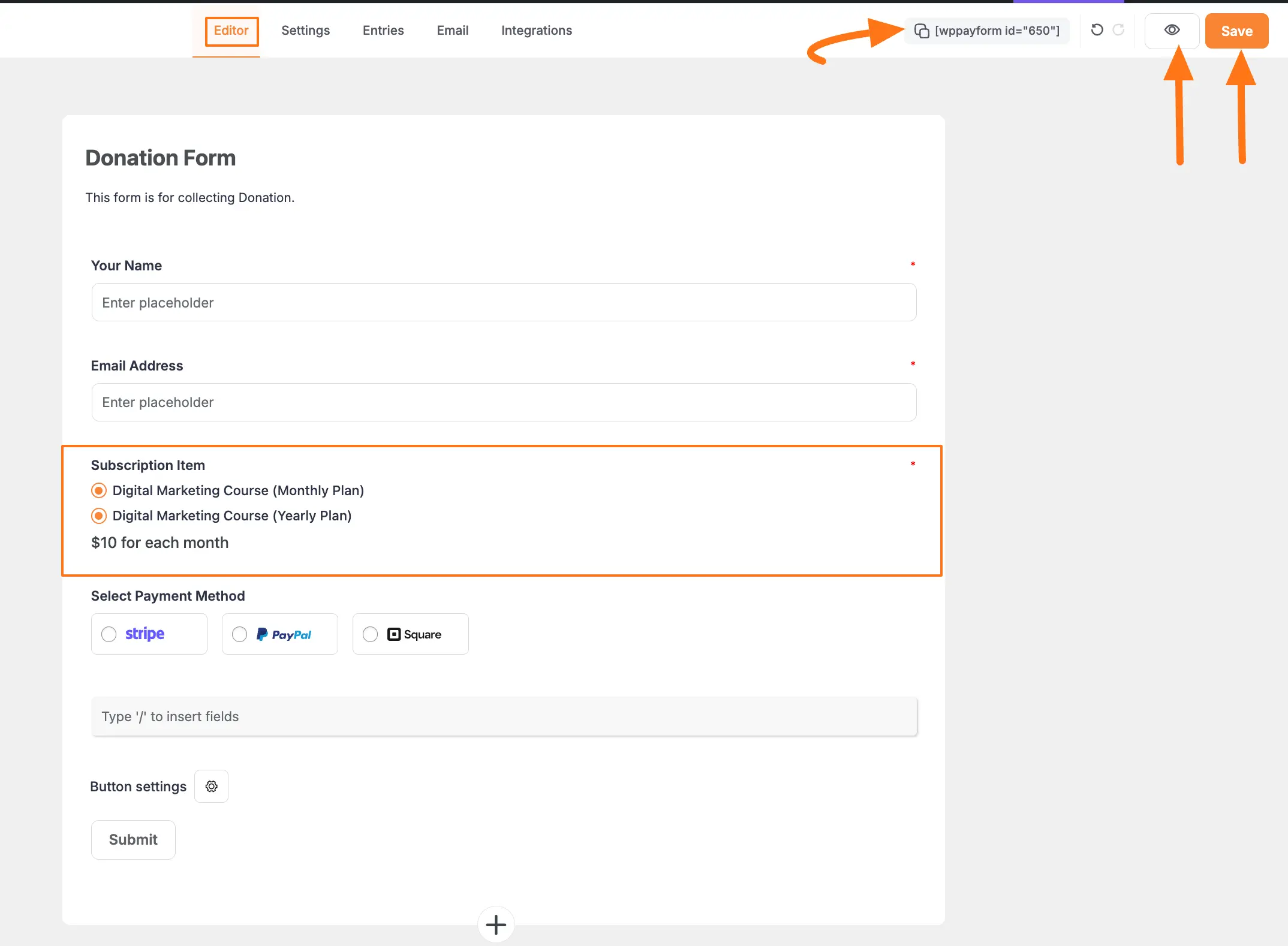 Save, preview and shortcode buttons