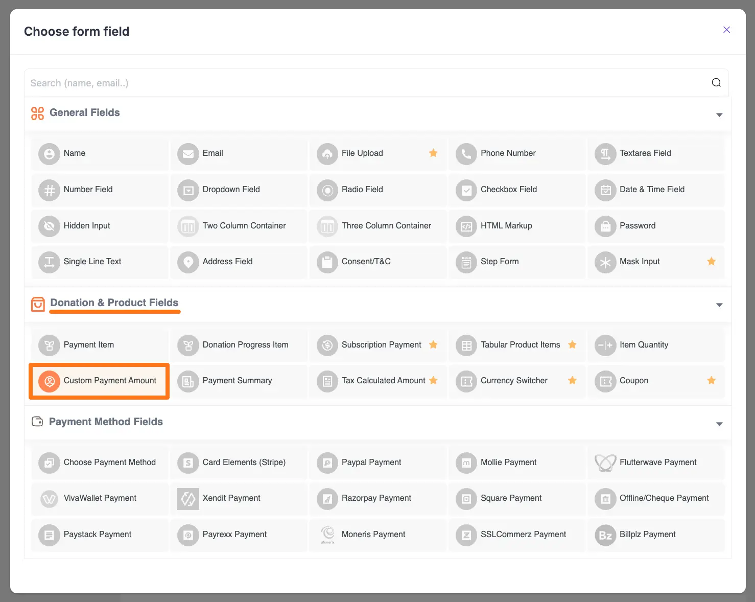 Custom Amount Field Selection