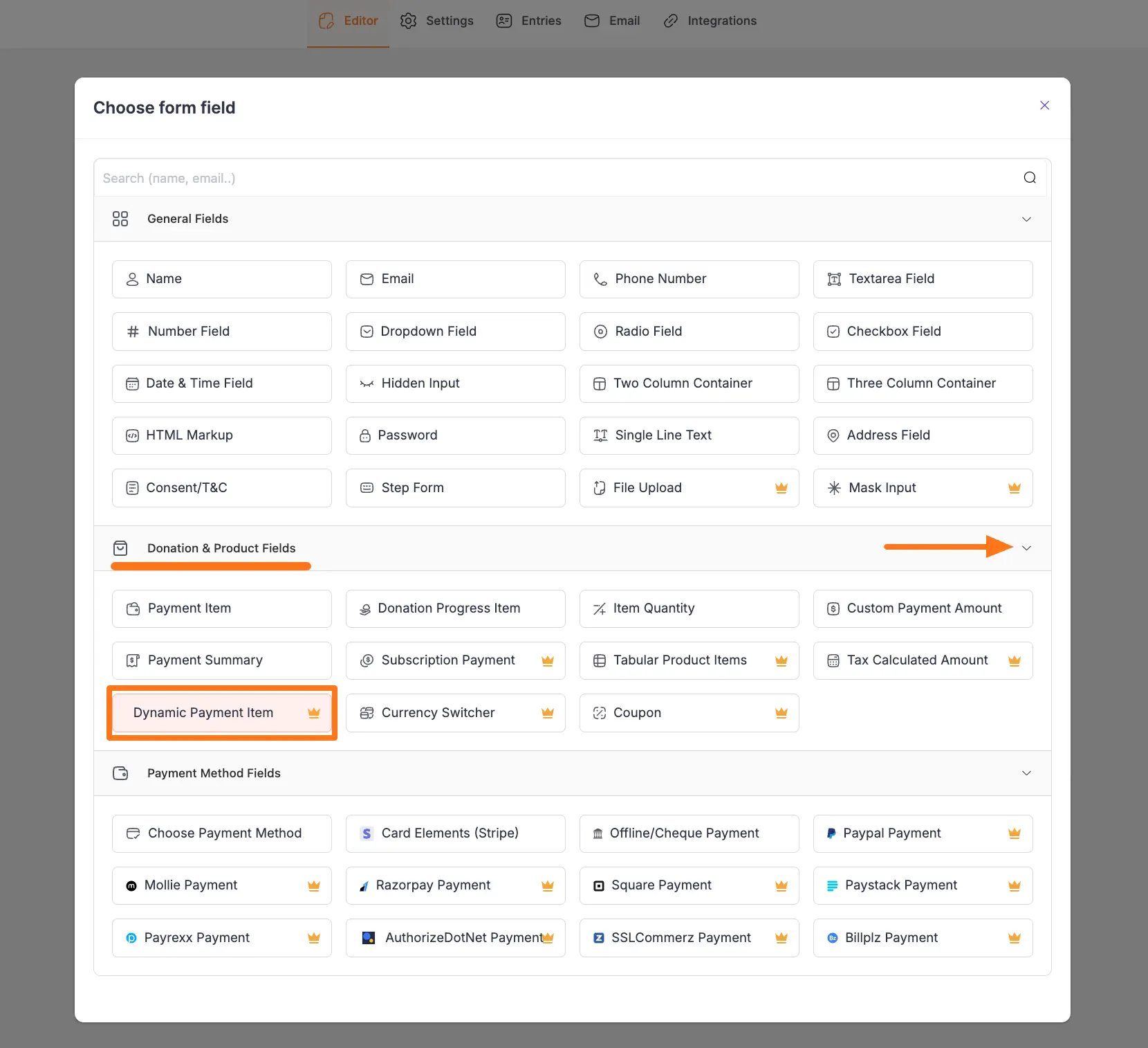 select Dynamic Payment Item field