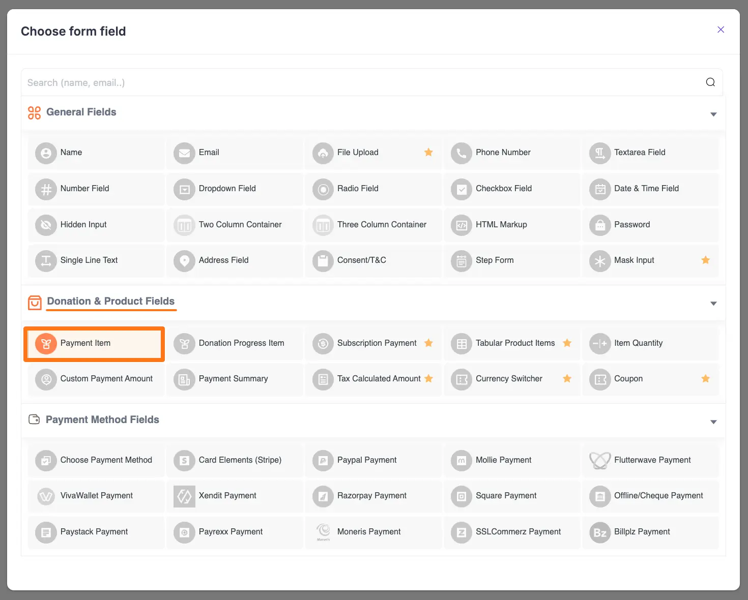 Select Payment Item Field