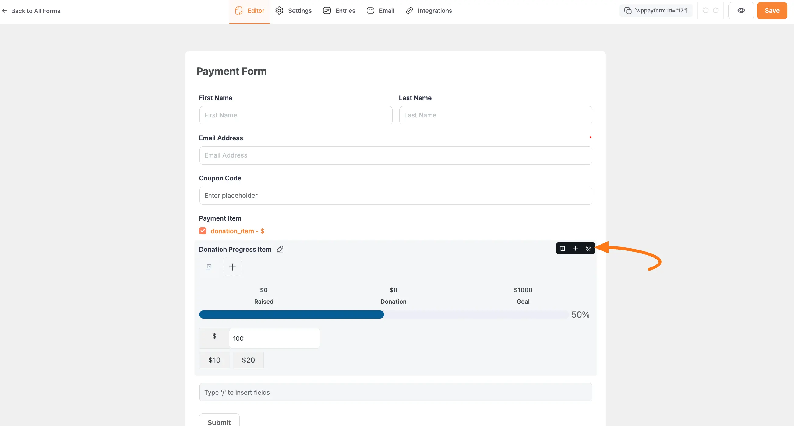 Adding the Donation Progress Item field