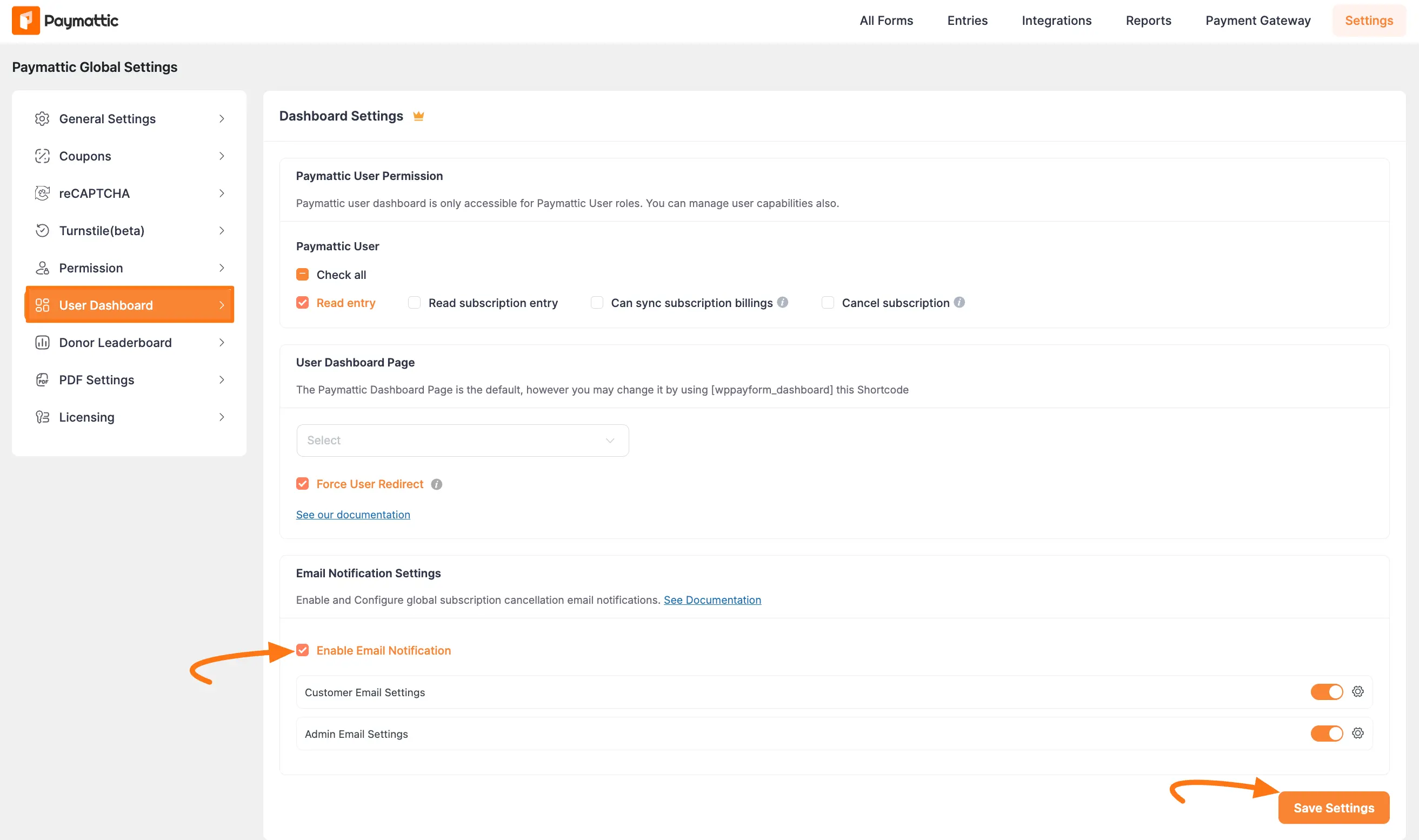 Enabling global email notifications in Paymattic User Dashboard settings