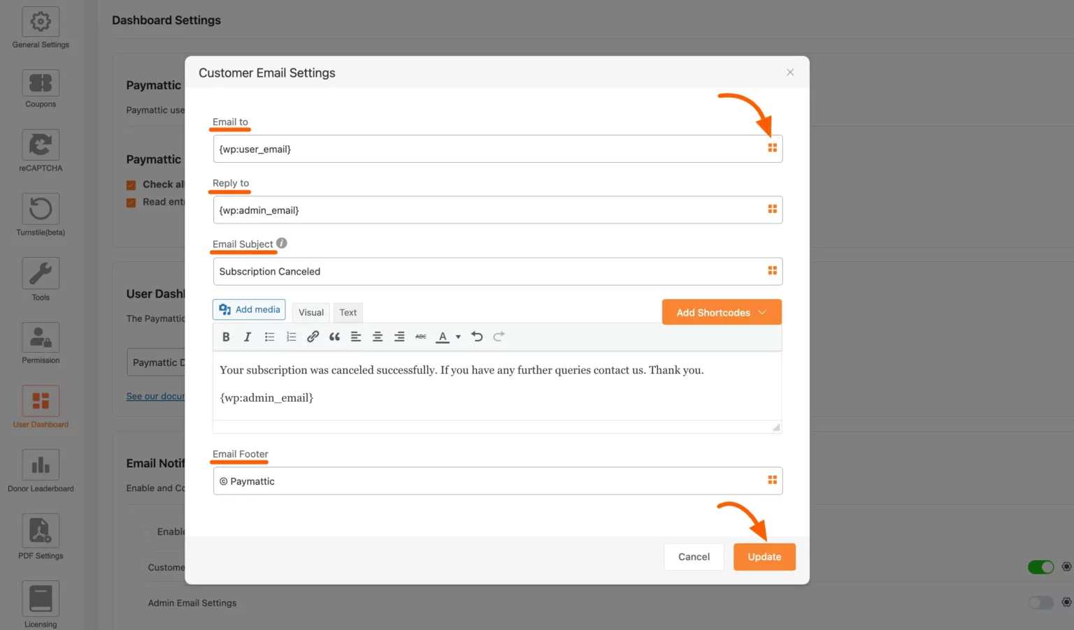 Customizing customer email Settings