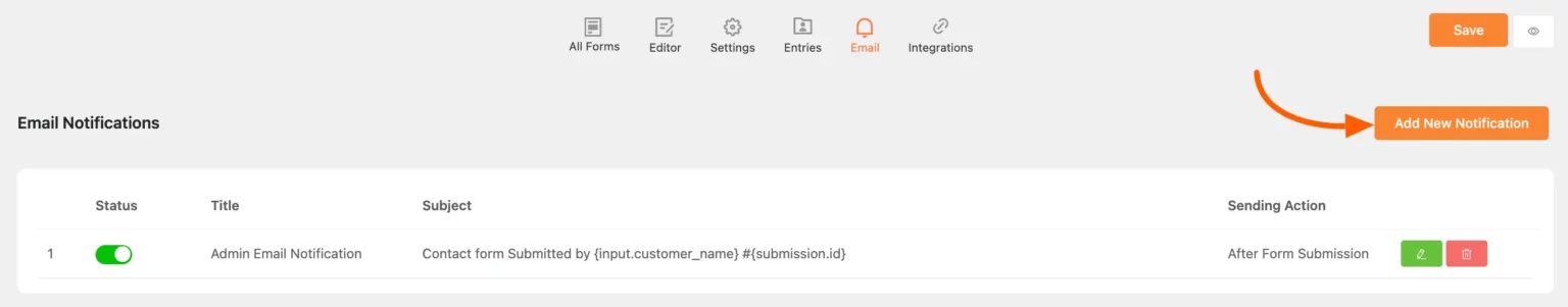 Clicking Add New Notification button for user email