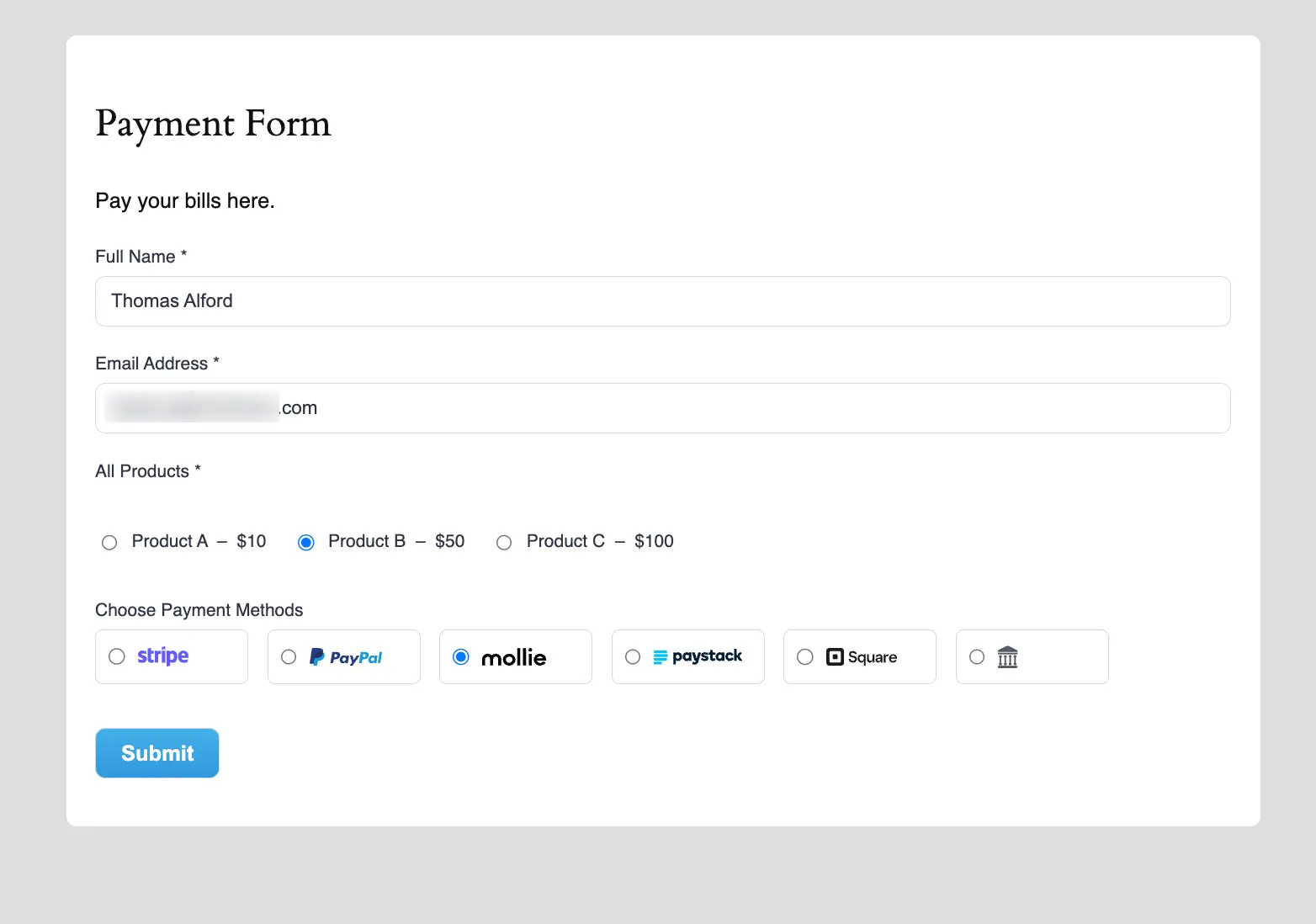 Preview of the payment form
