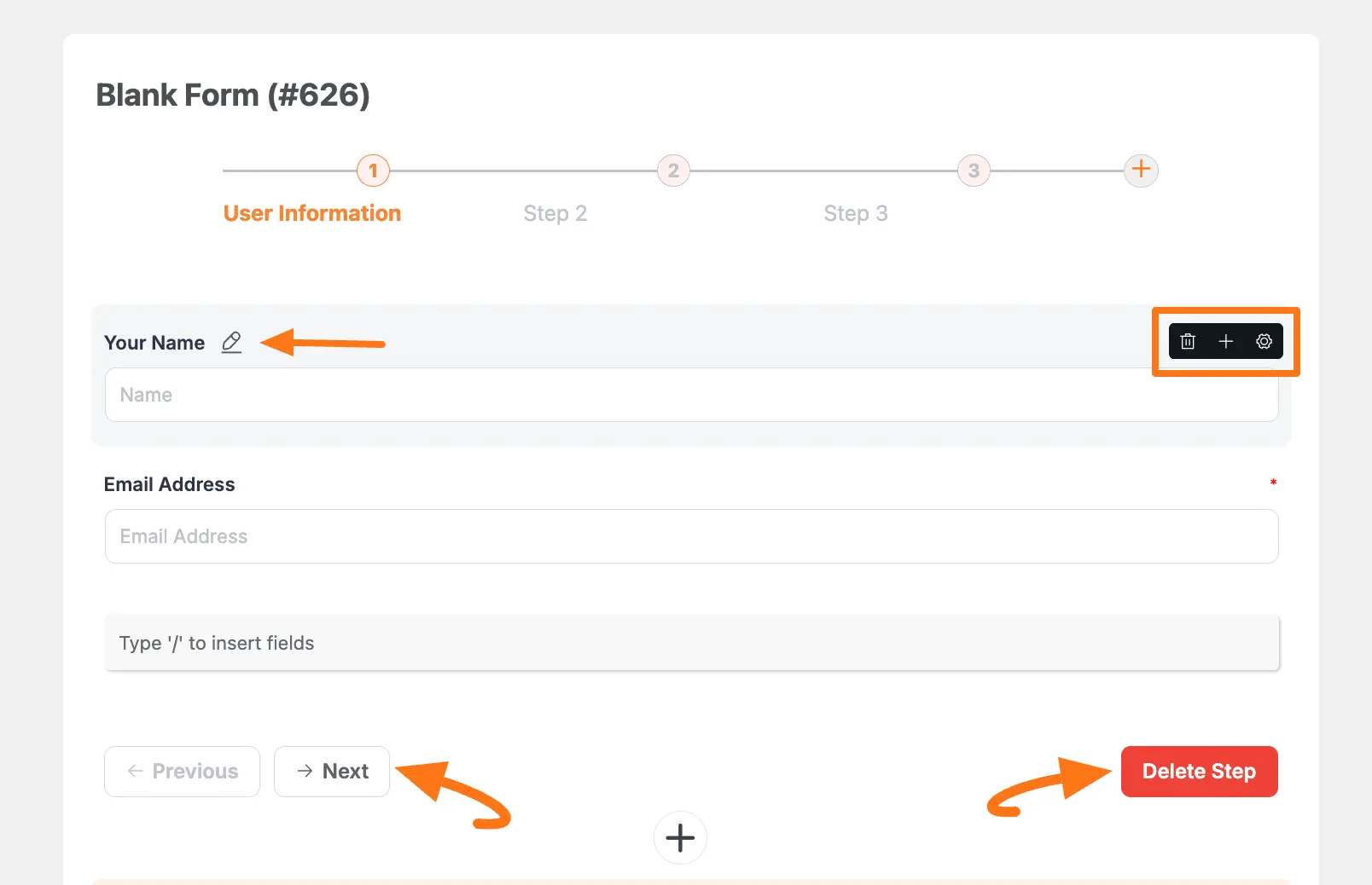 Next and delete step buttons