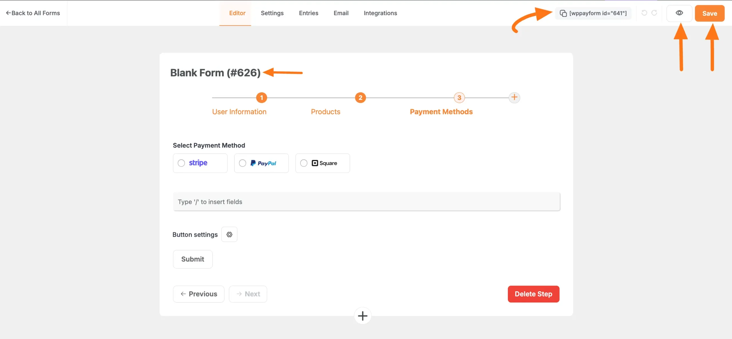 Save, preview and shortcode buttons
