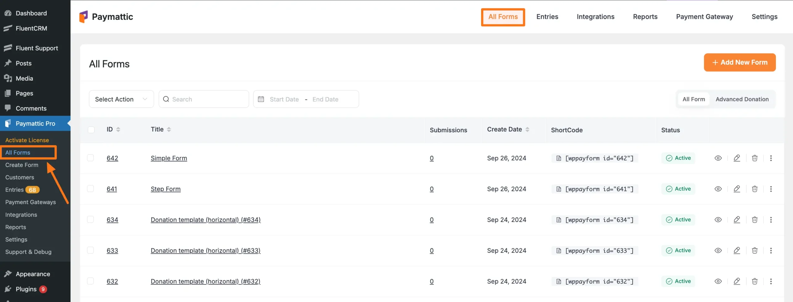 All Forms section in Paymattic