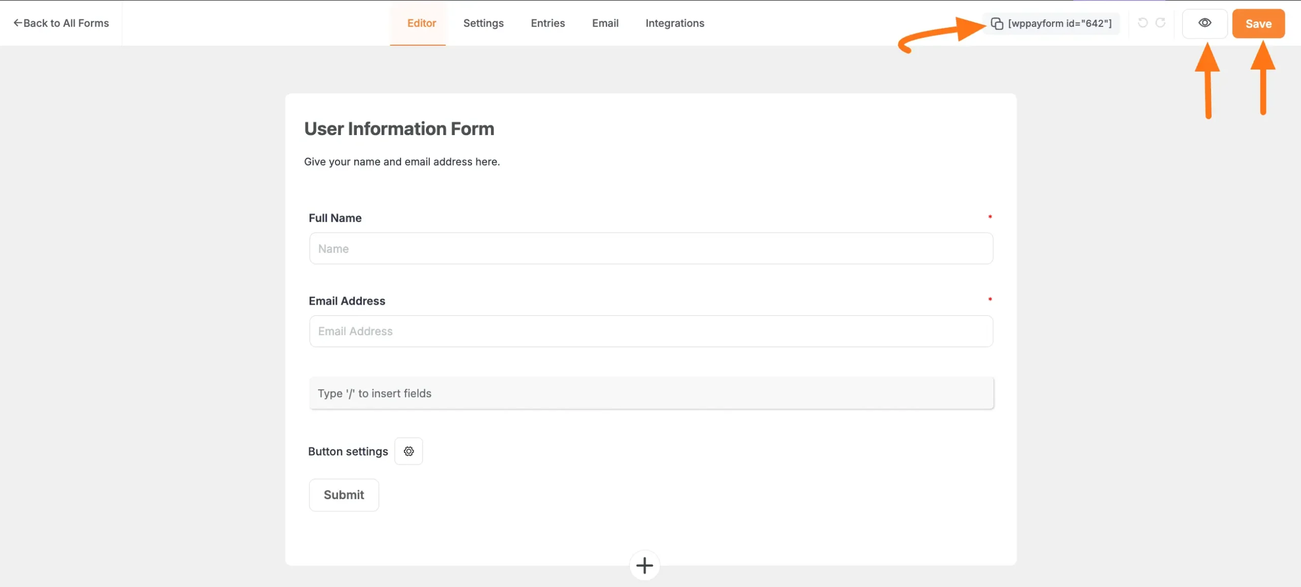 Save, preview and shortcode buttons