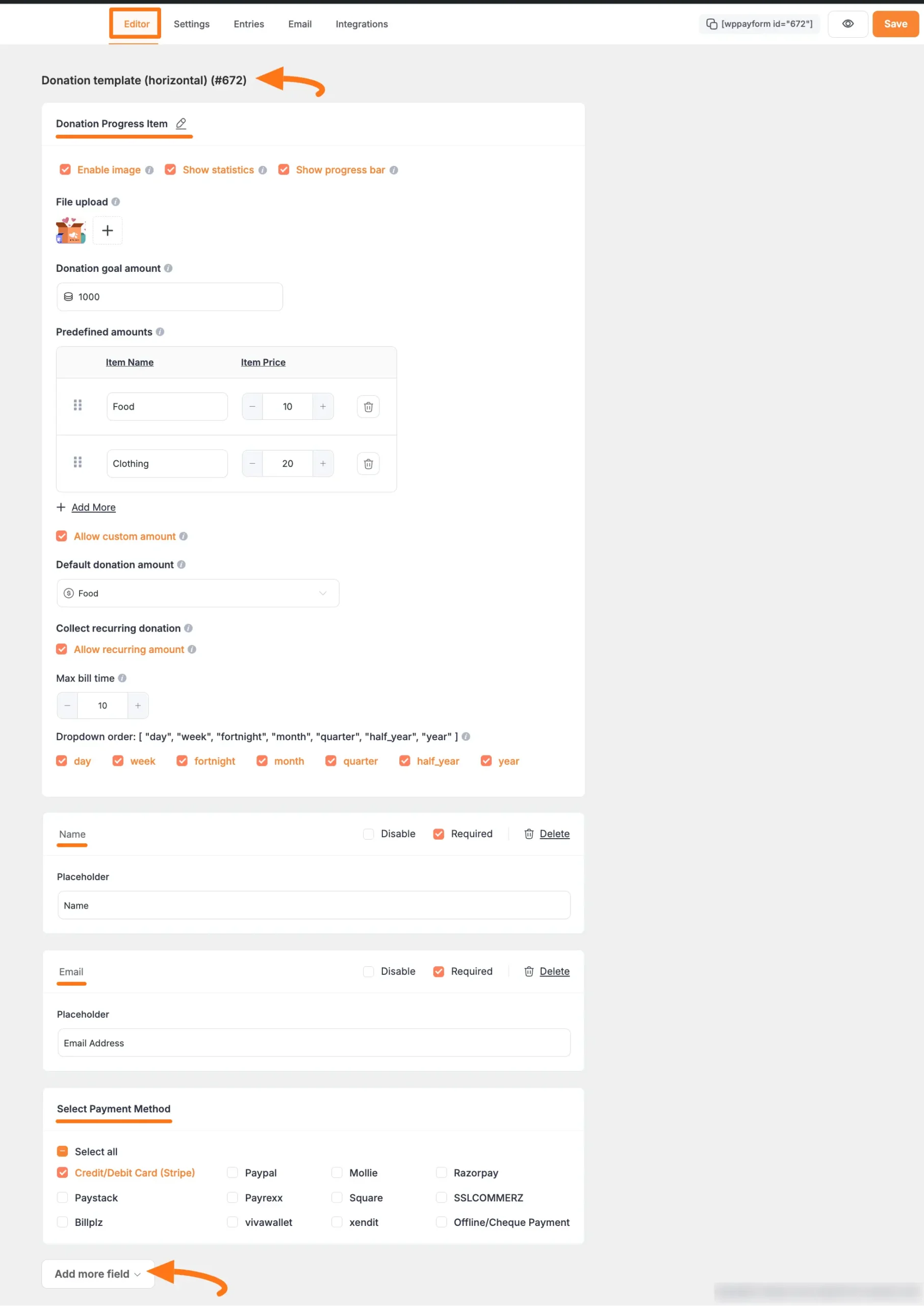 Form editor with donation template fields