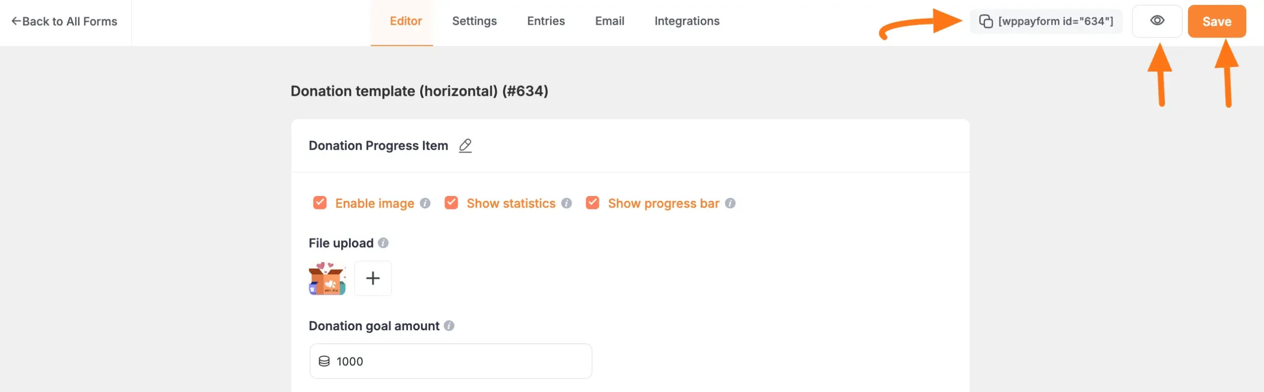 Save, preview and shortcode buttons
