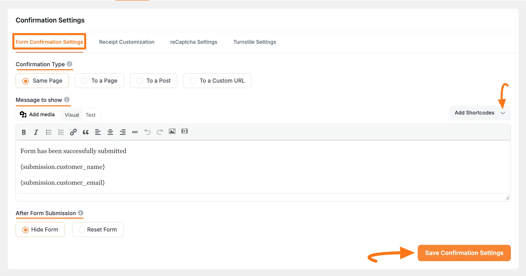 Form confirmation settings configuration