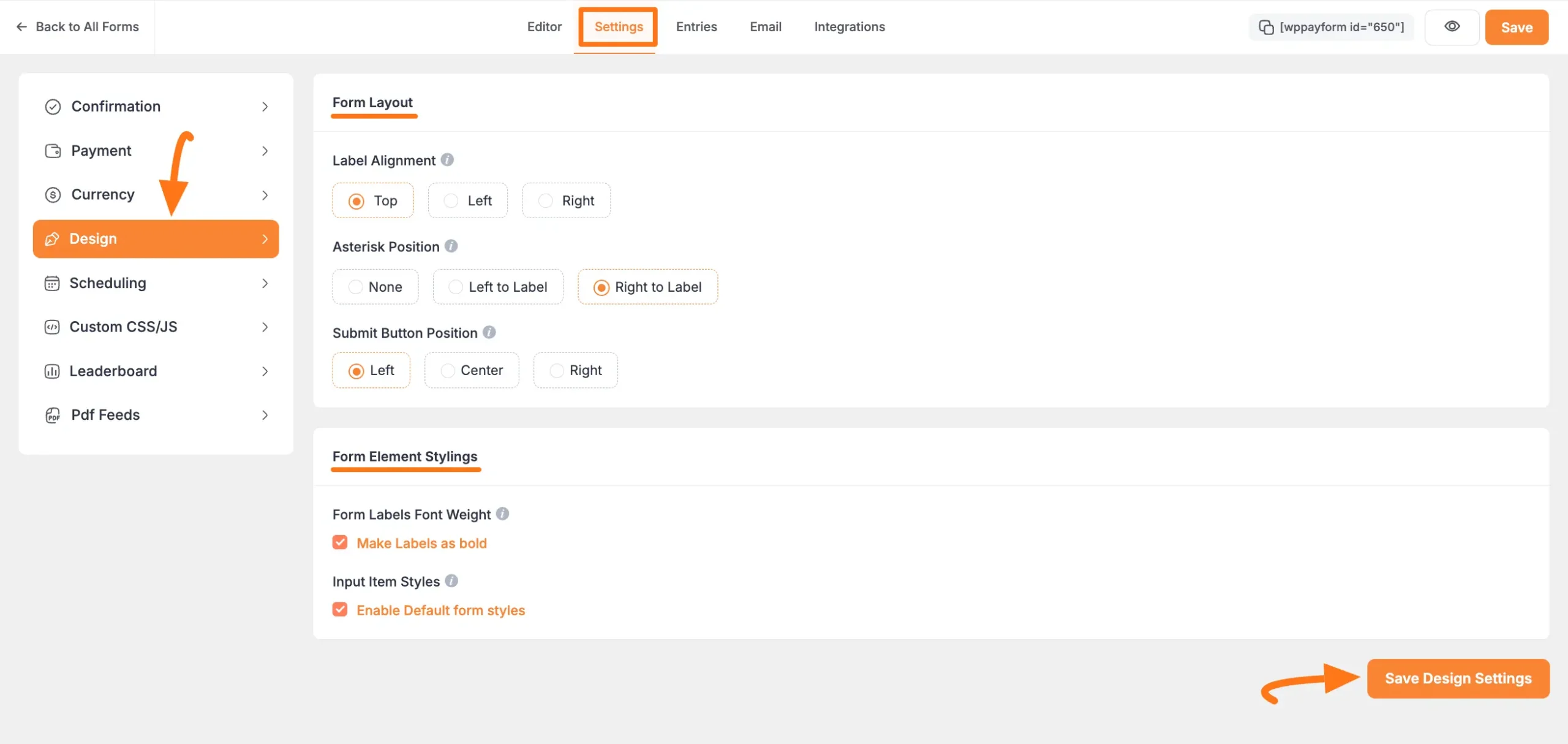 Design settings options in form settings