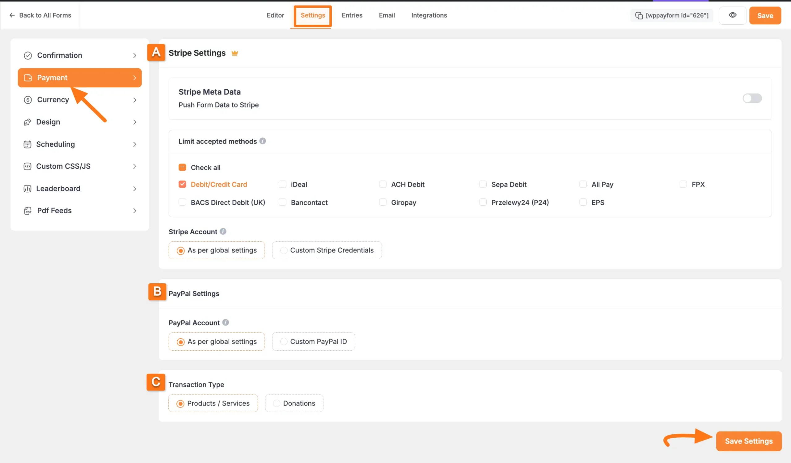 Payment settings section in form editor