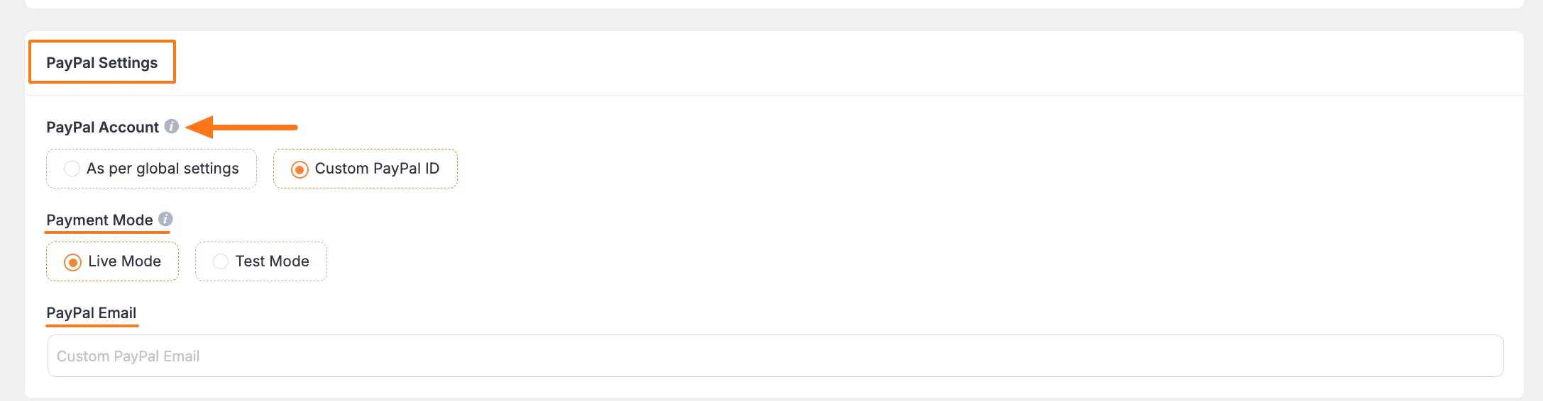 PayPal settings configuration