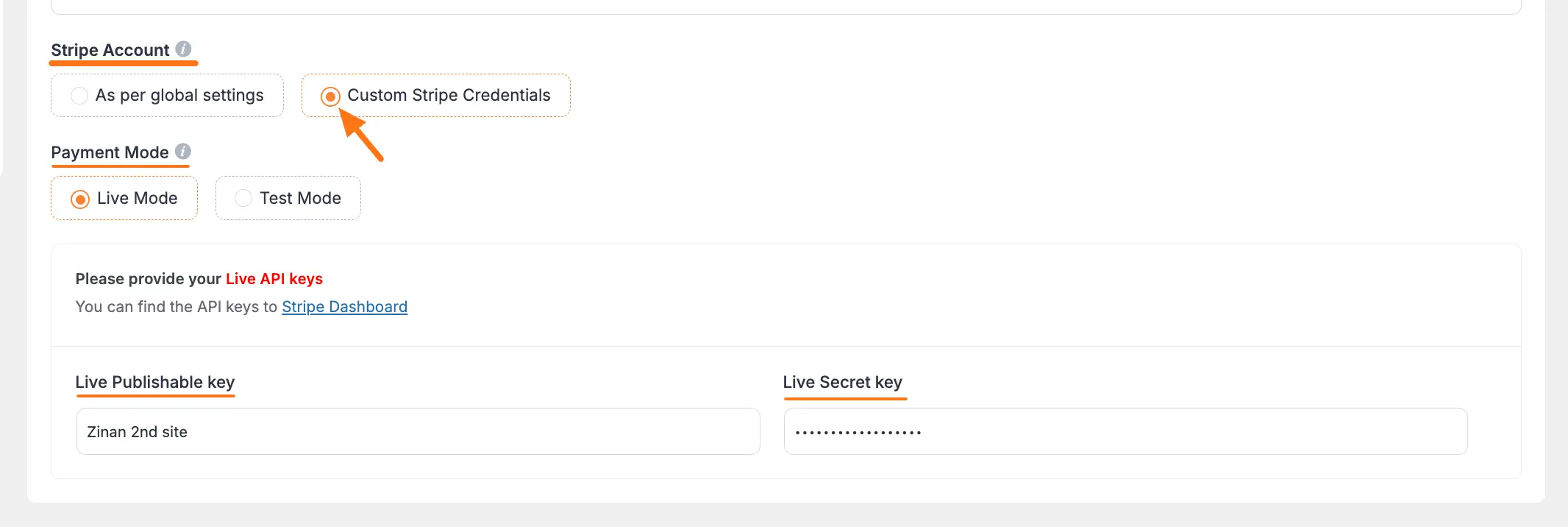 Stripe account configuration
