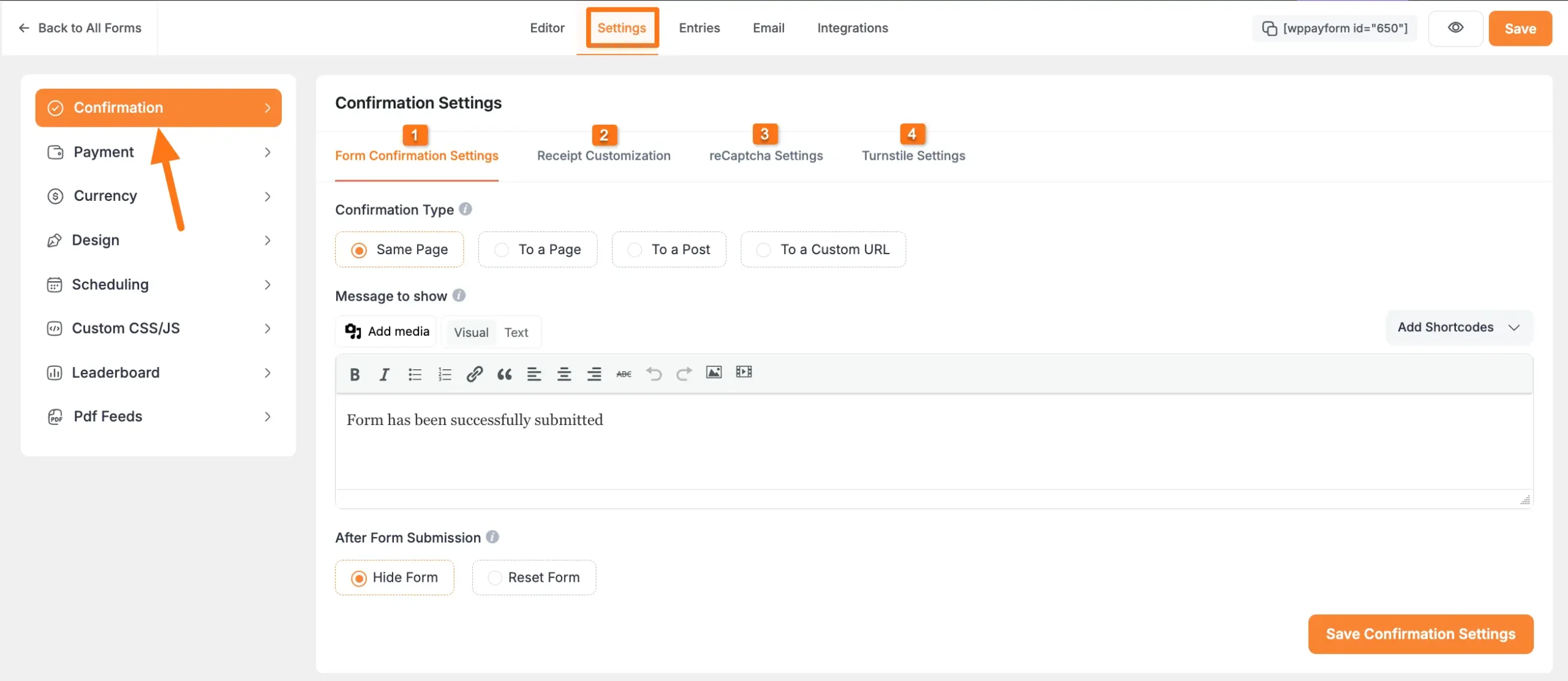 Confirmation settings options in form settings