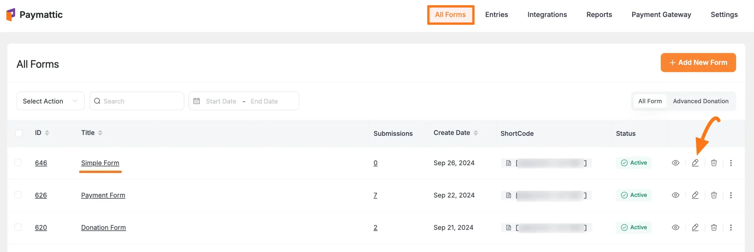 Opening a form to edit in Paymattic