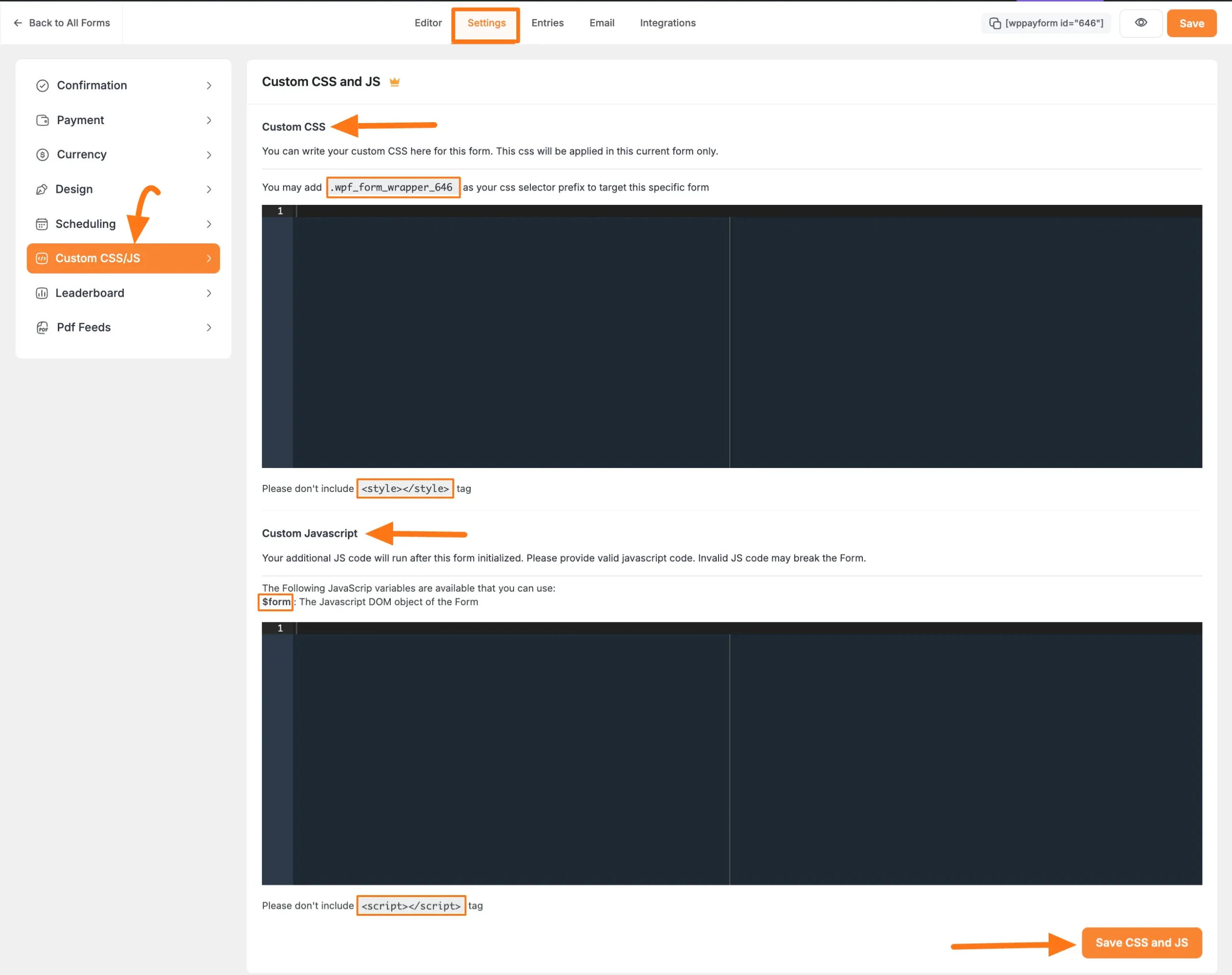 Custom CSS/JS settings in form editor
