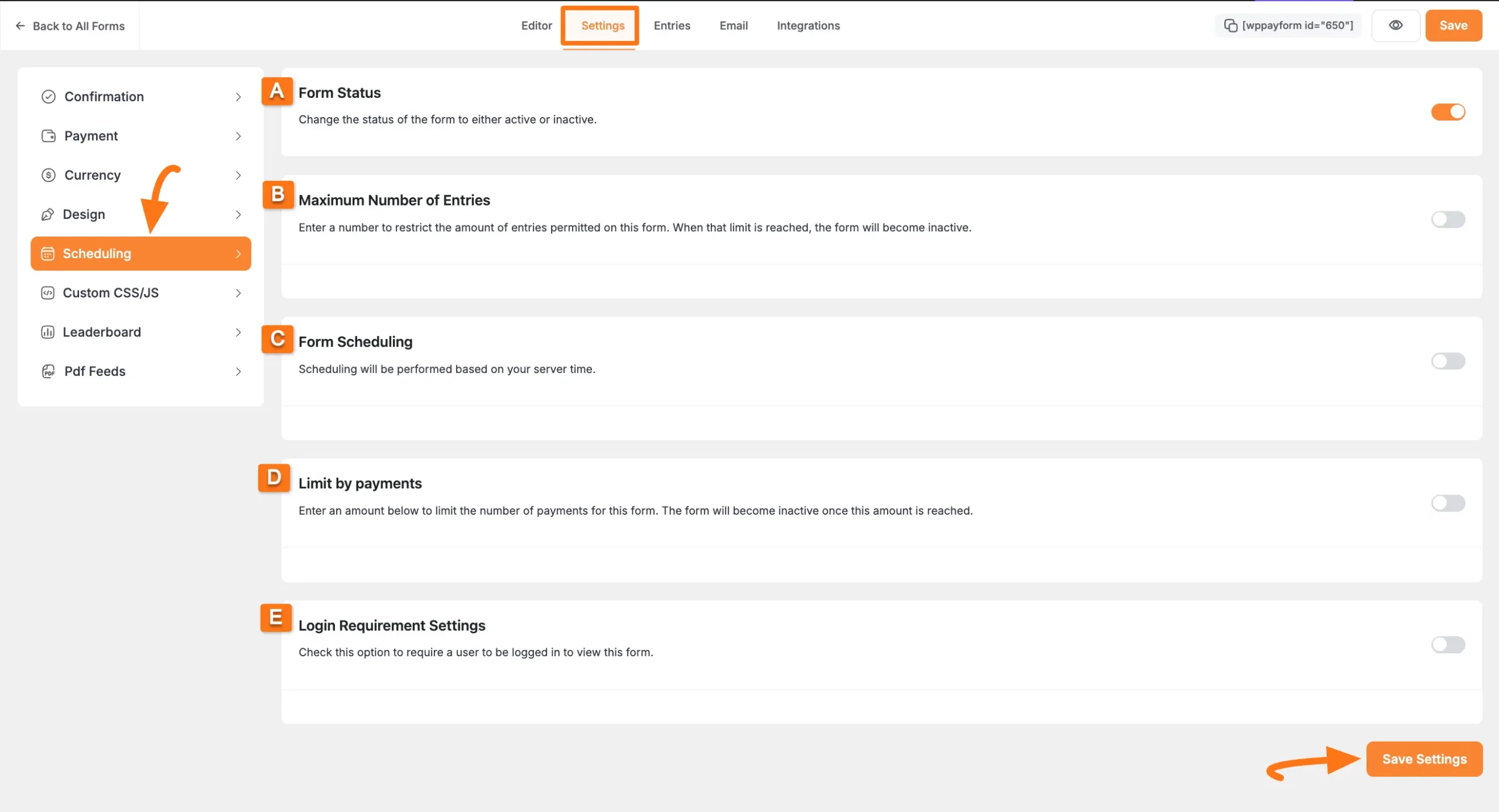 Scheduling settings under General Settings Tab