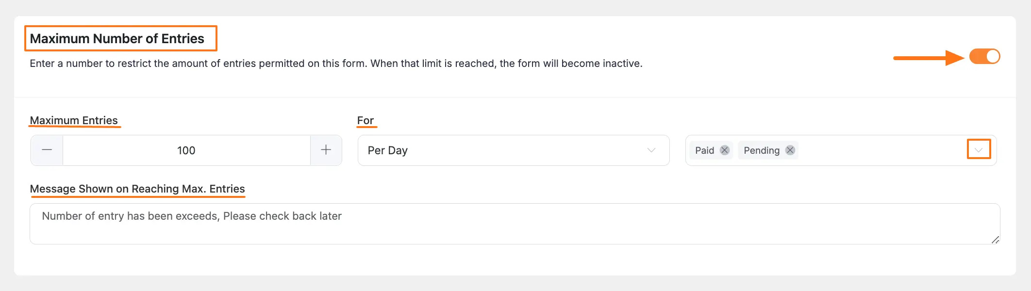 Maximum Number of Entries settings