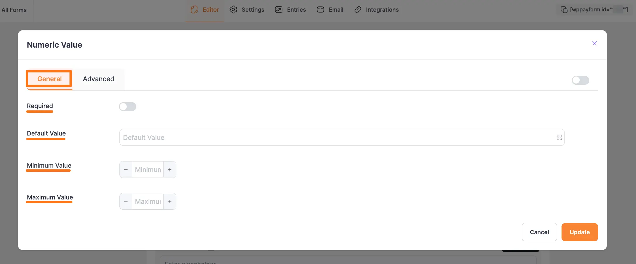 Number Field General Settings