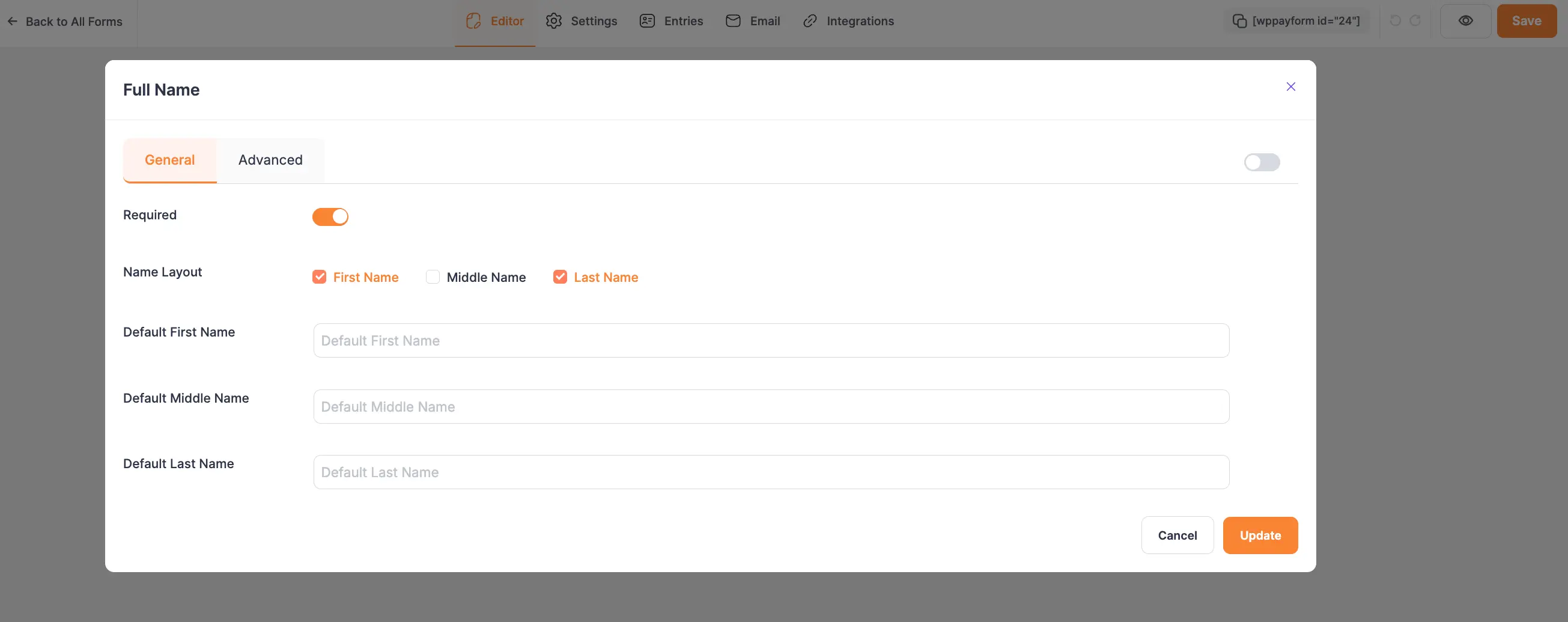 Settings panel for the Full Name field