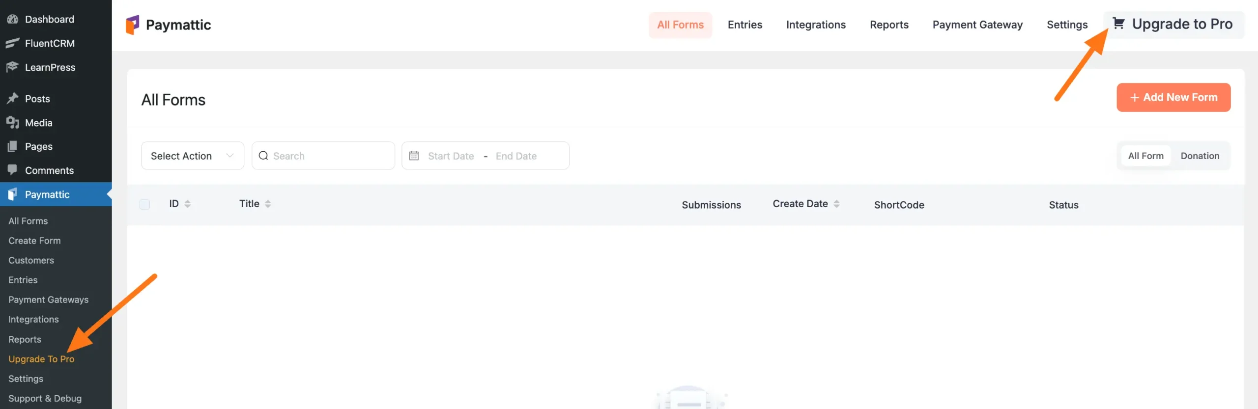 Upgrade to Pro button in Paymattic dashboard