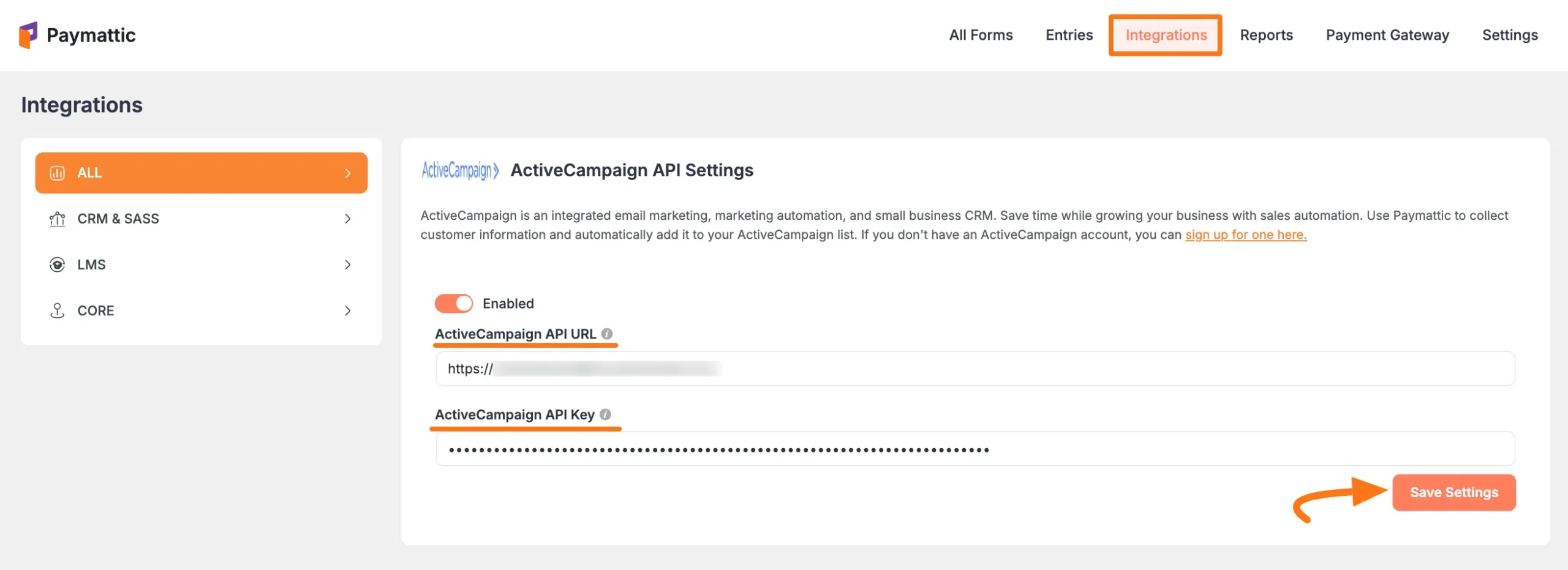 Paste API credentials