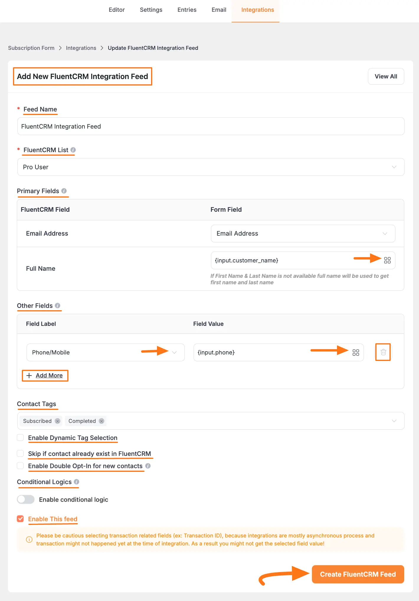 FluentCRM integration settings