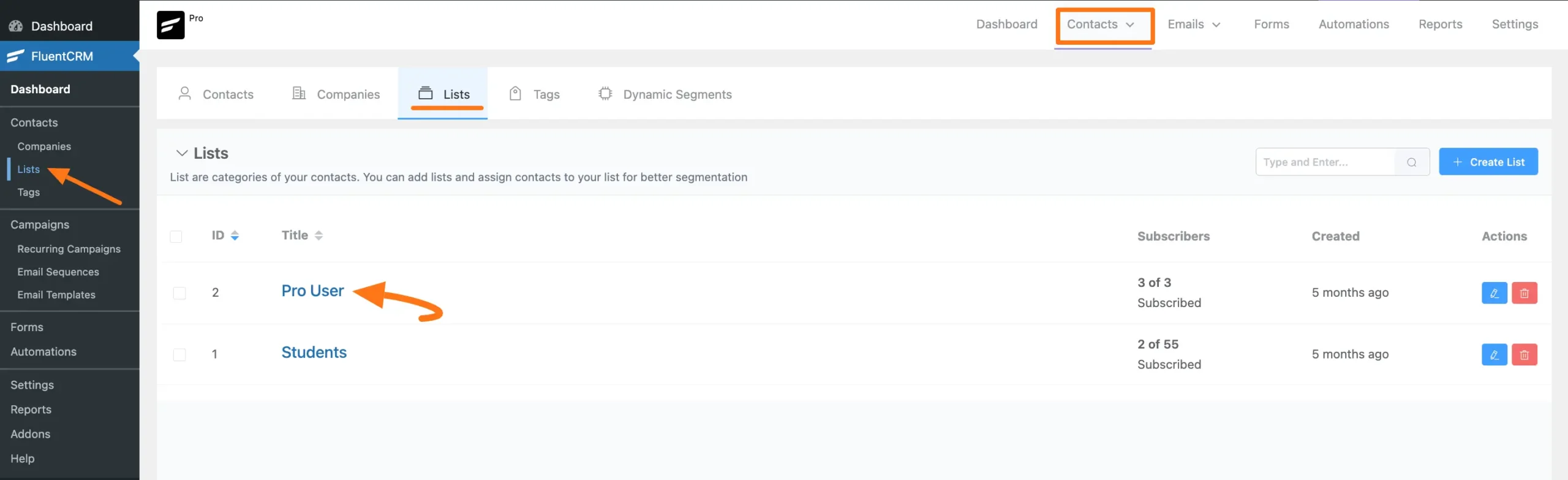 Pro user list in FluentCRM