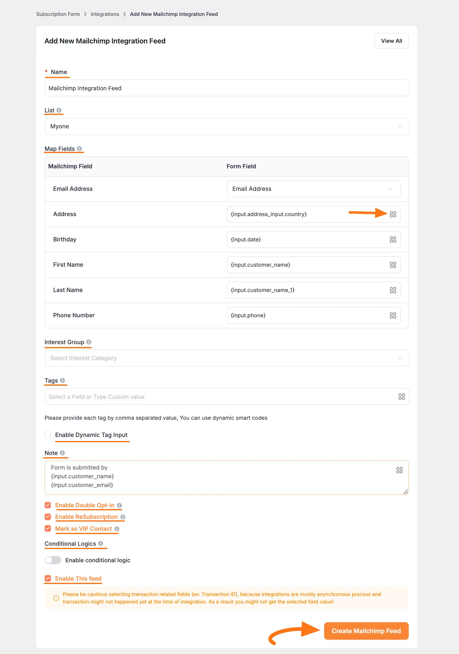 Mailchimp integration settings