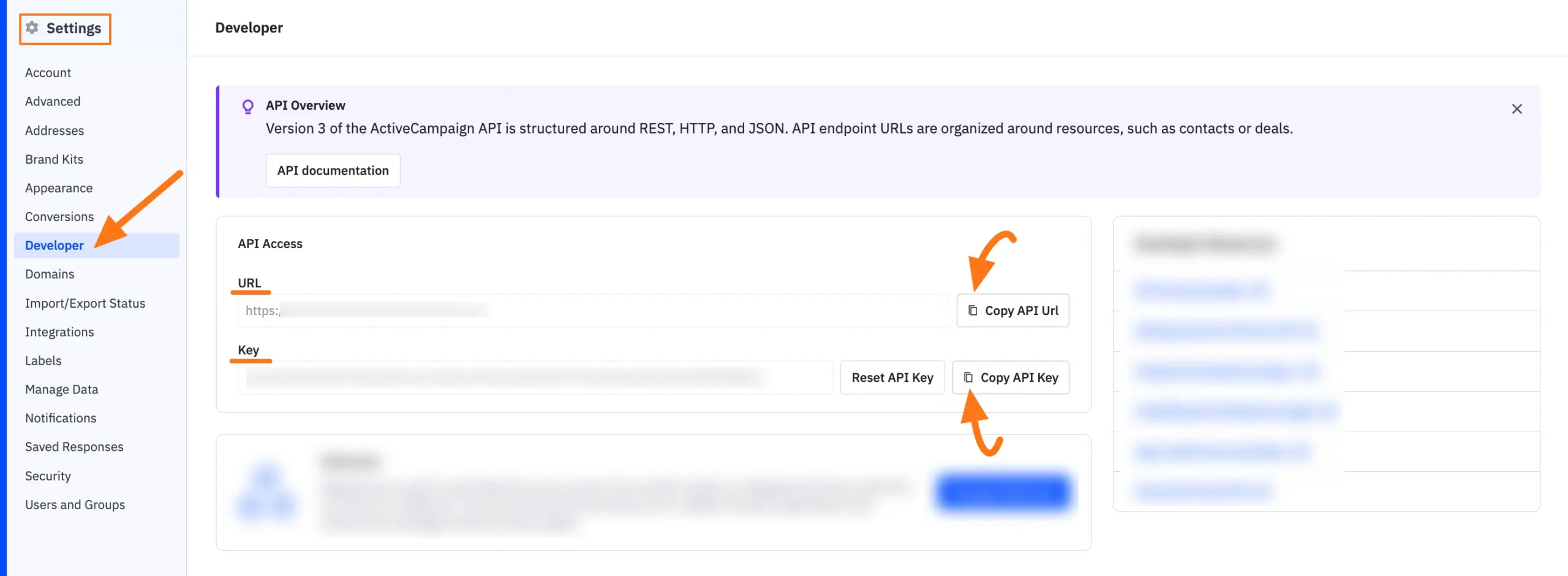 Copy ActiveCampaign API credentials