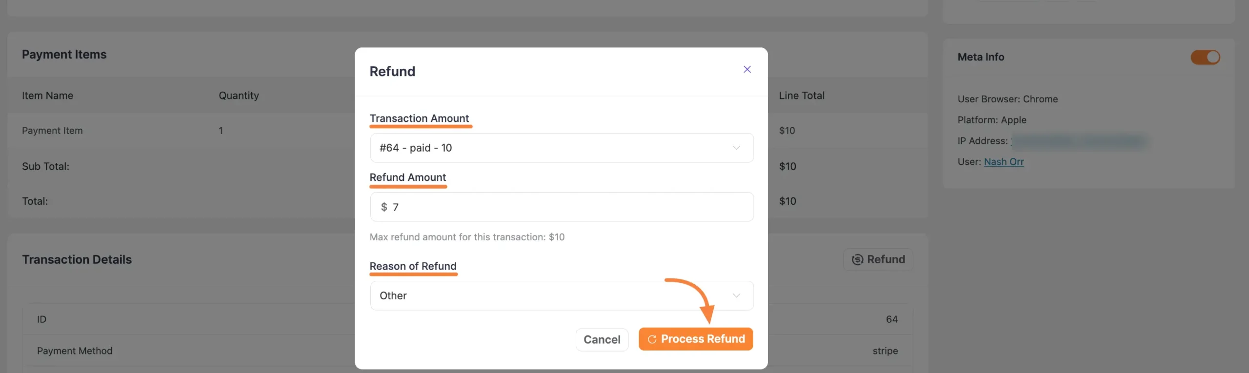 Process partial refund