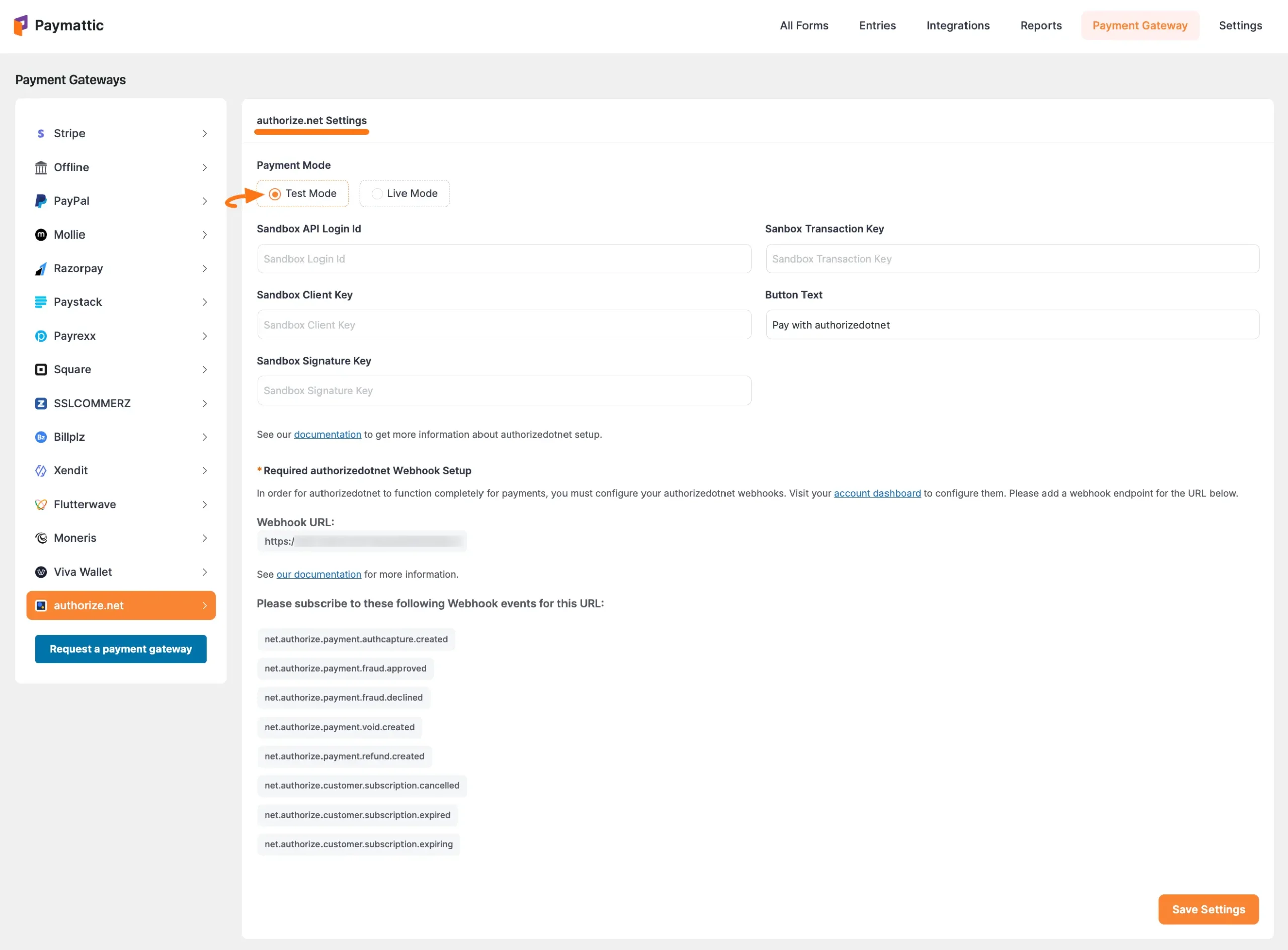 Payment Mode Settings