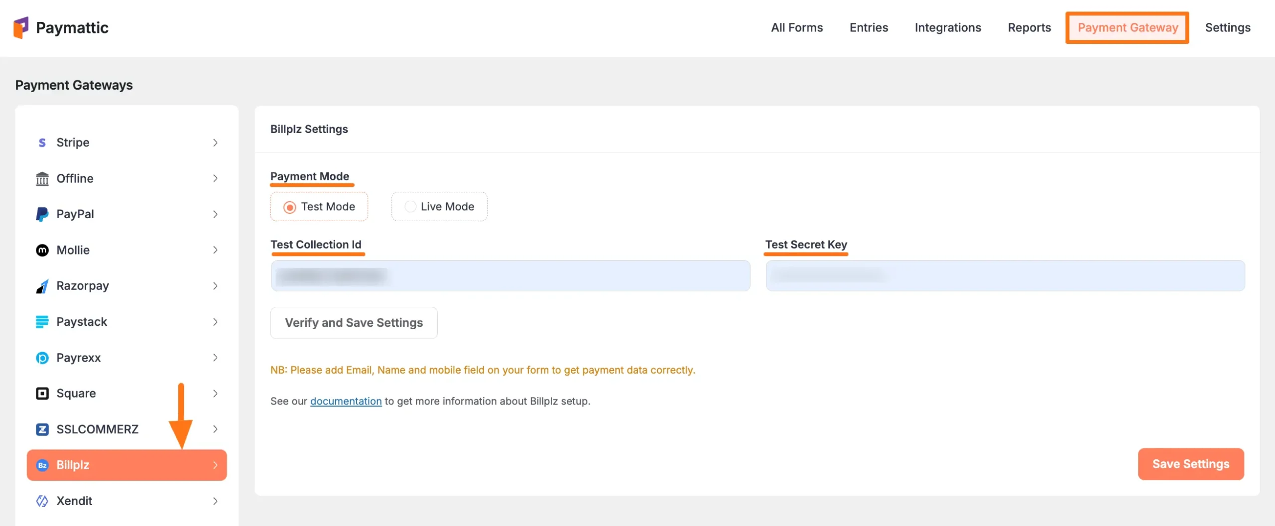 Billplz Settings Page in Paymattic