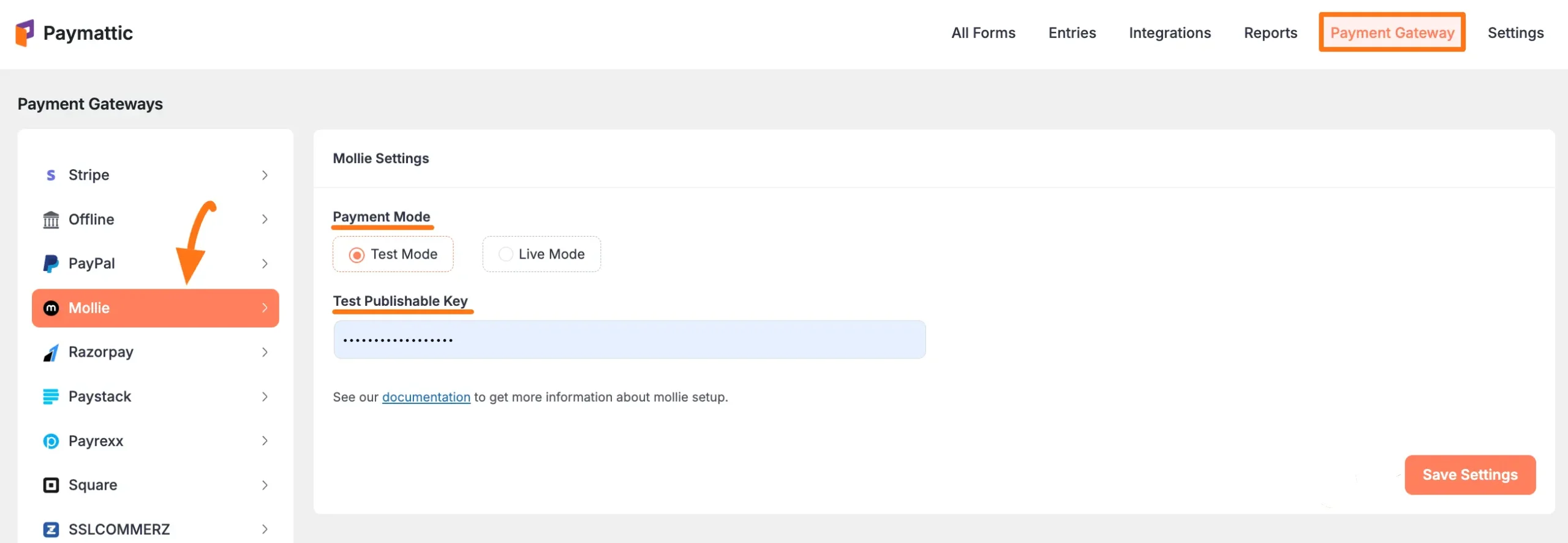 Mollie Settings Page in Paymattic