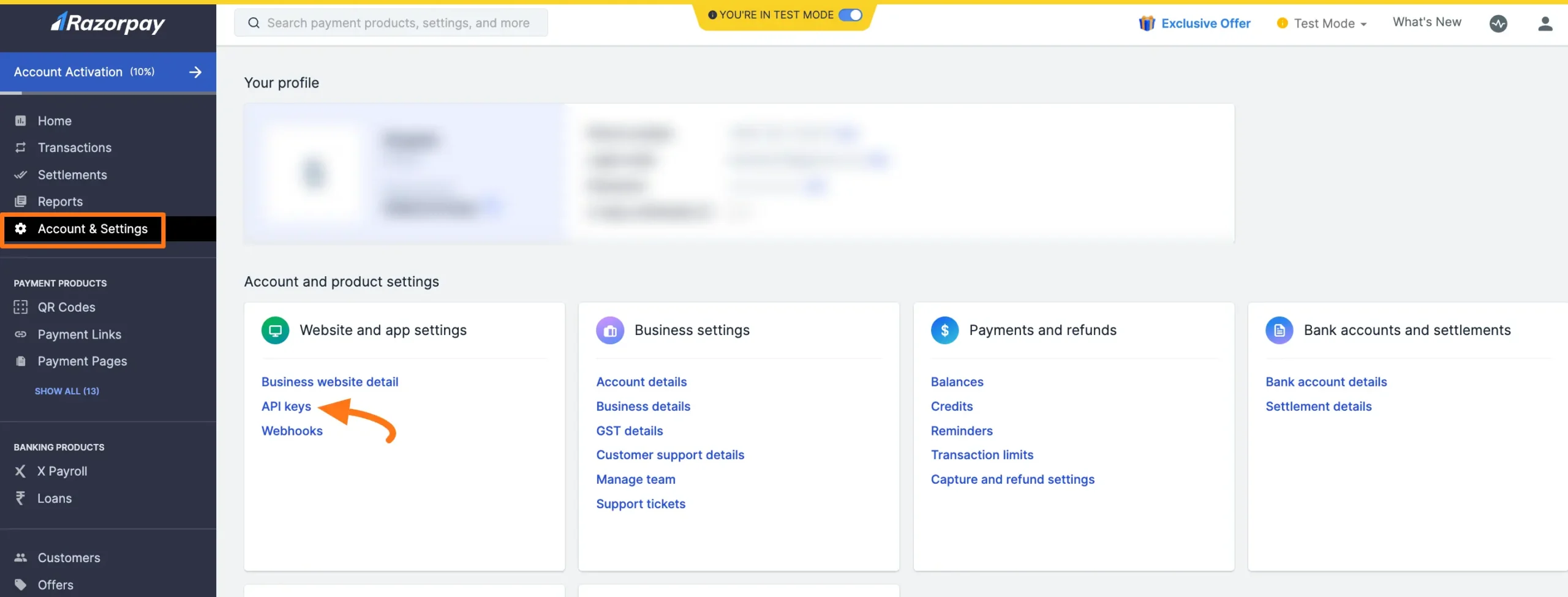 Razorpay Dashboard API Keys Section