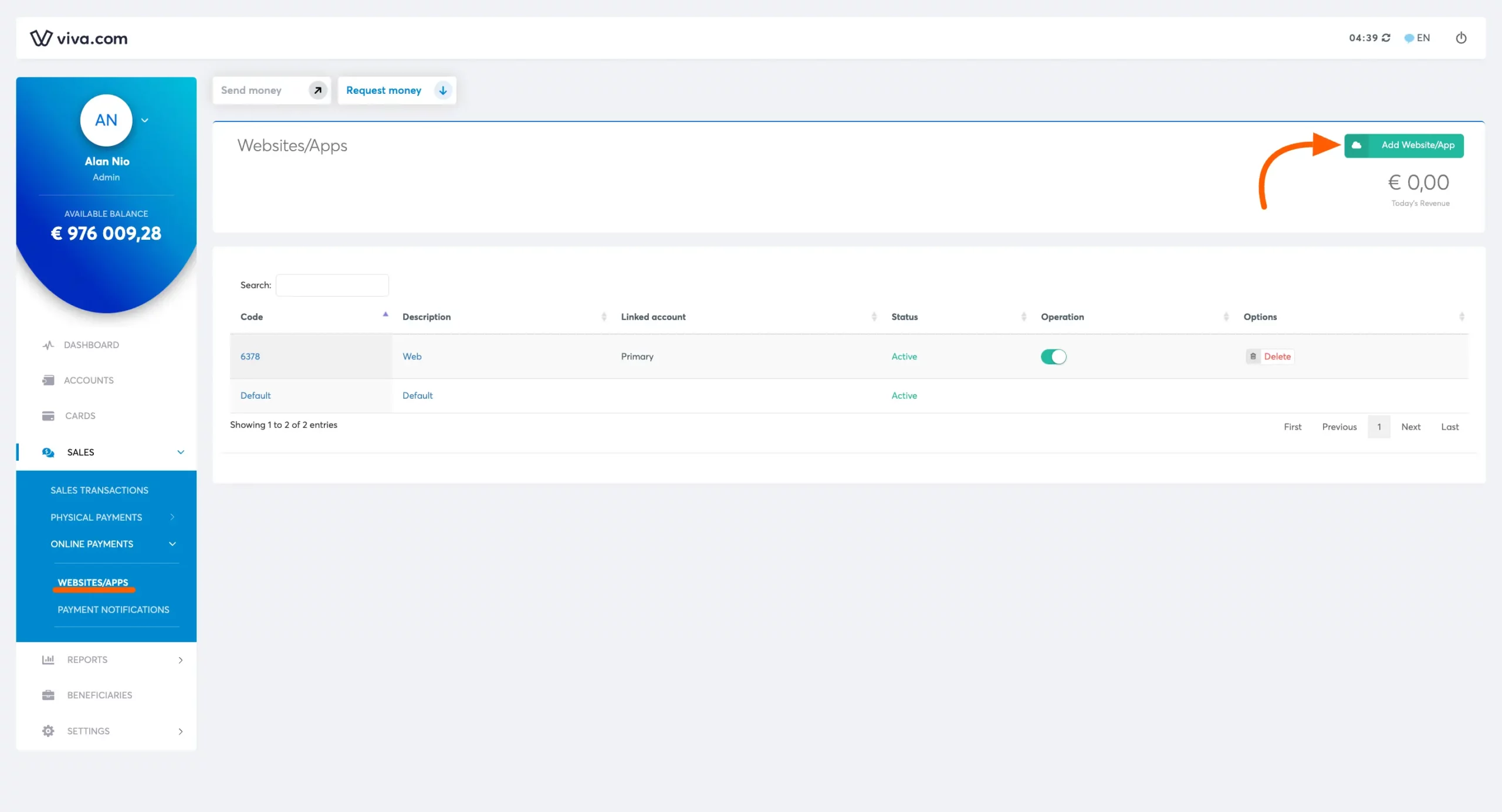 Add Website/App in Viva Wallet