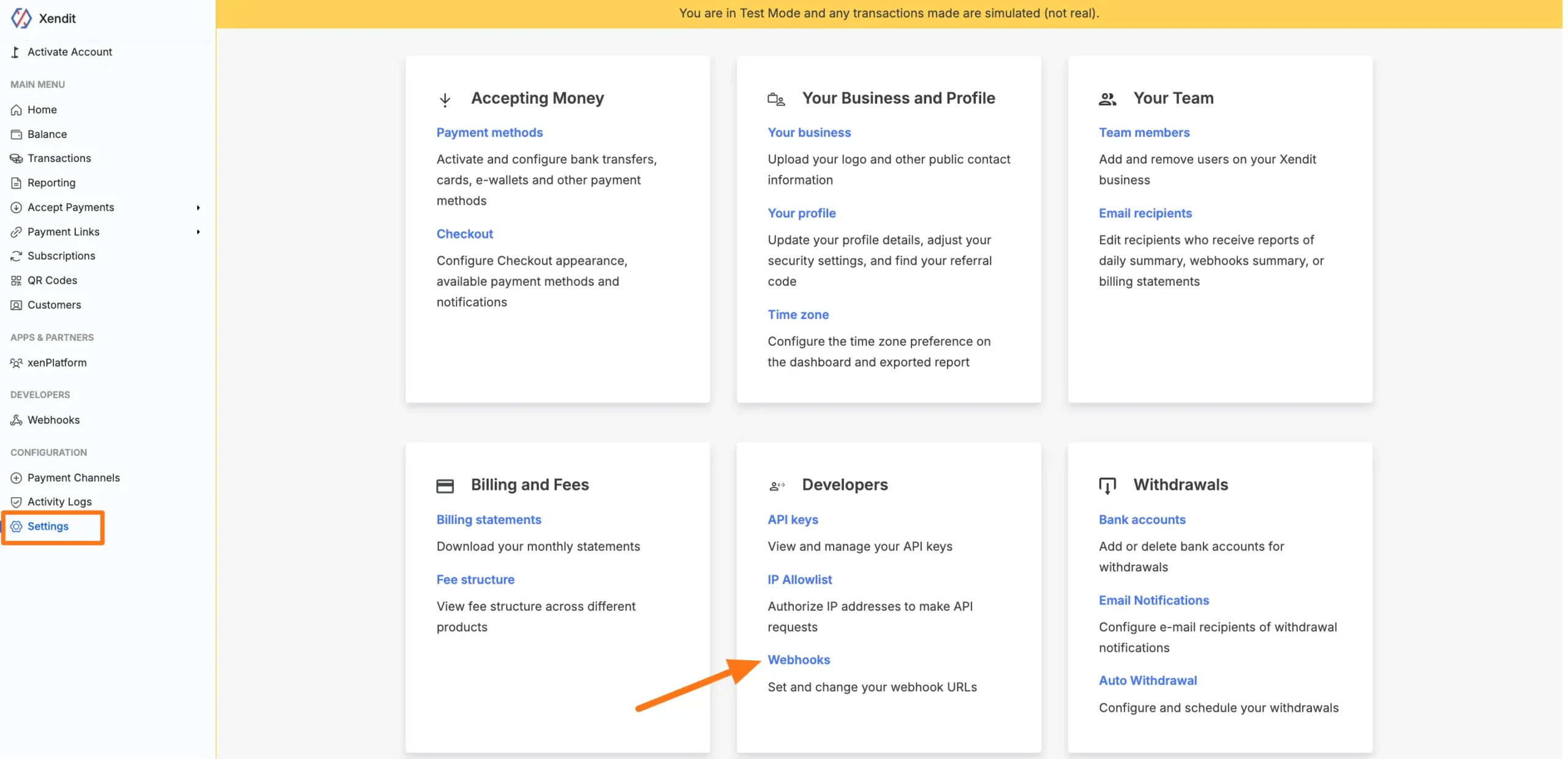 Xendit Webhook Settings