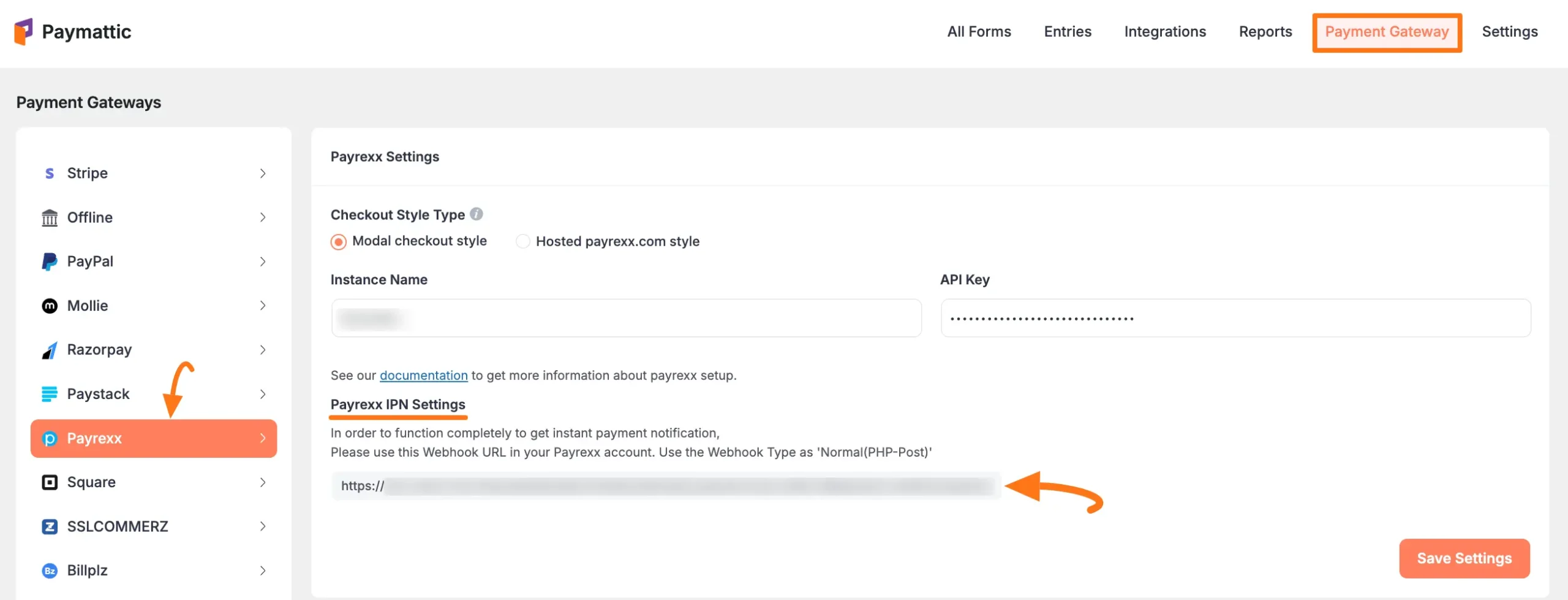 Copy Webhook URL from Paymattic