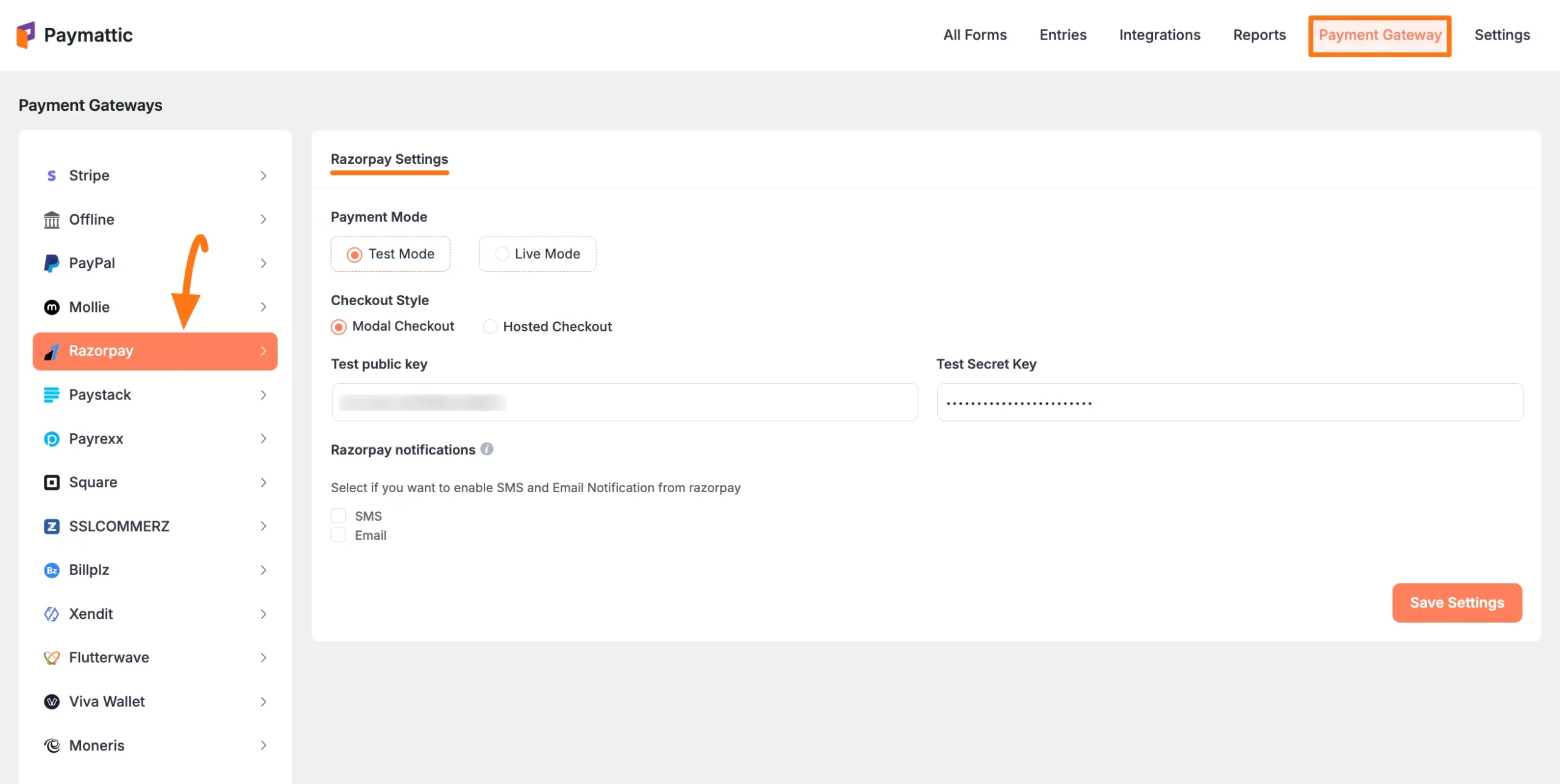 Razorpay Settings Page in Paymattic
