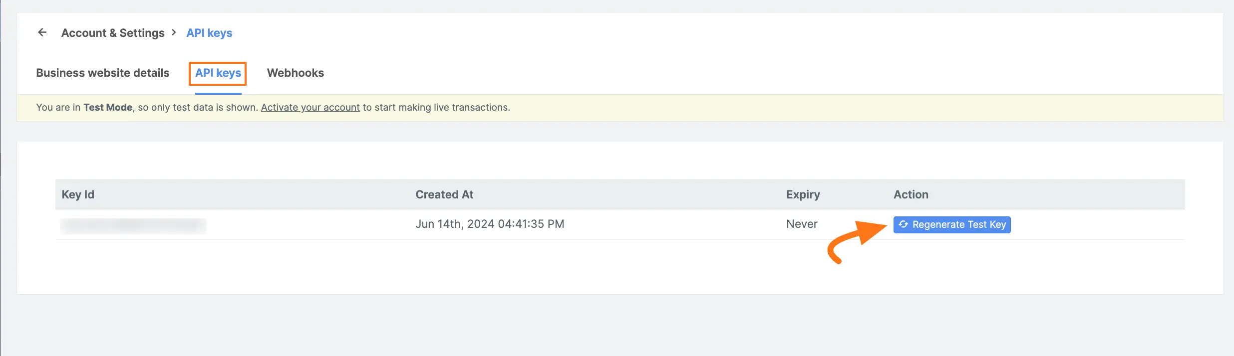 Regenerate Test Keys in Razorpay